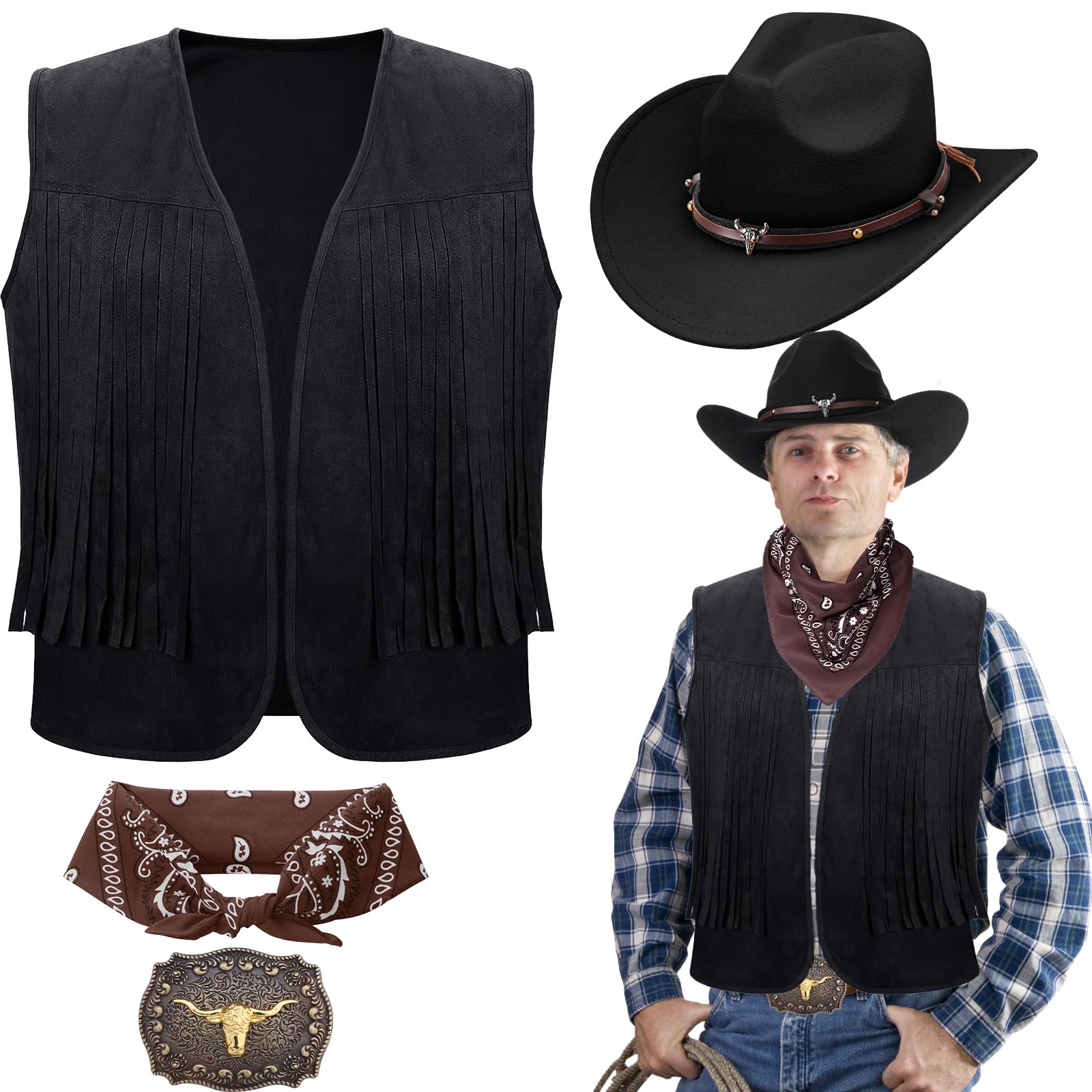 ASMIZ 4 Pcs Cowboy Costume Set for Men, Western Outfits Cowboy Tassel Vest Hat Belt Buckle Paisley Bandana for Halloween Cosplay