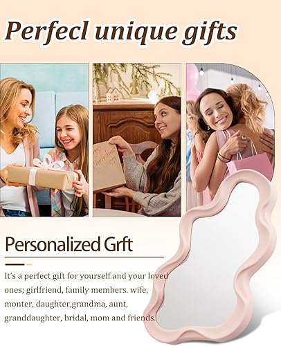 Miniatura 7 de Espejo de pared decorativo pequeño y funky – Diseño ondulado asimétrico rosa, espejo colgante para dormitorio, baño, entrada, forma moderna