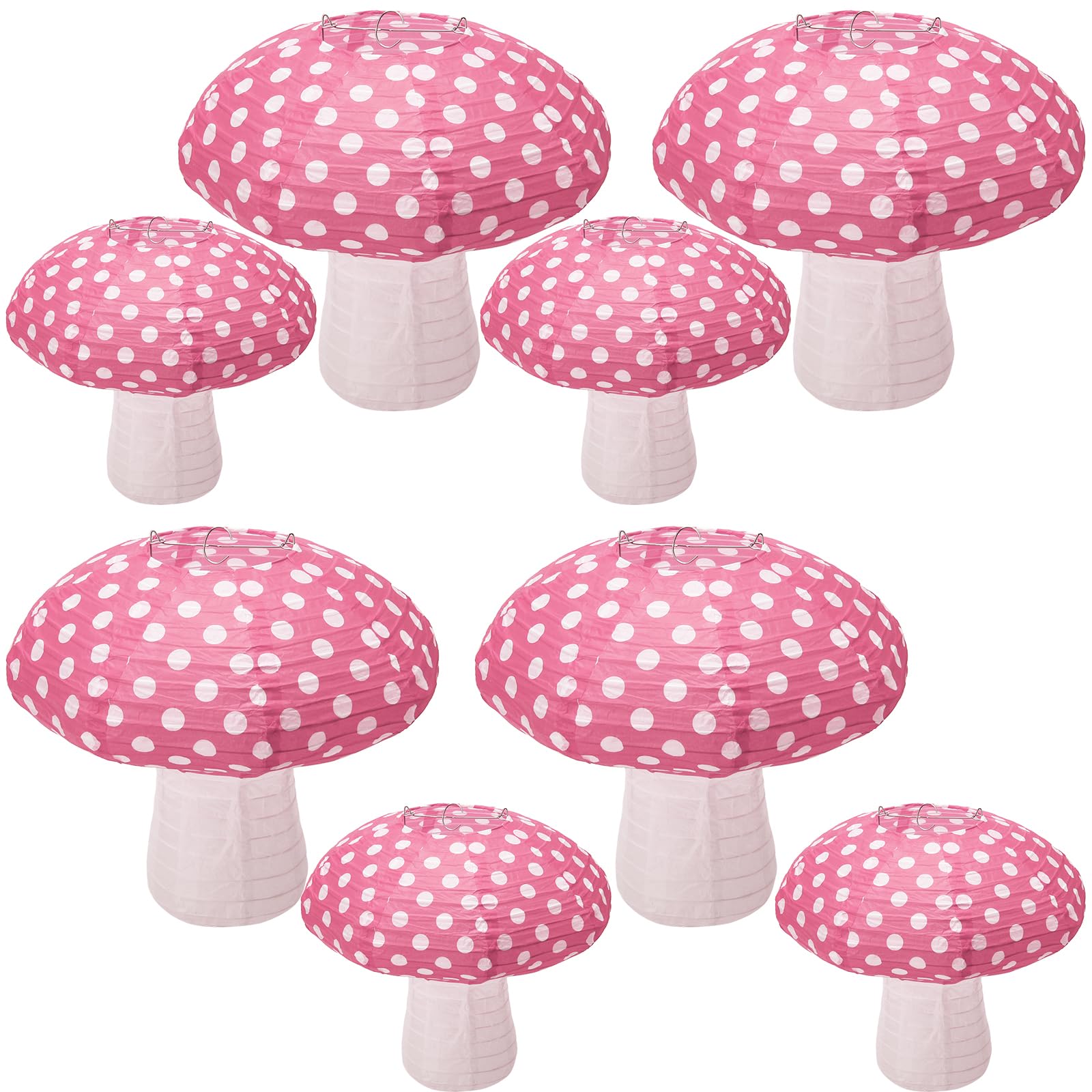 8Pcs Pink Mushroom Shaped Paper Lanterns, Windspeed Large Paper Lanterns 3D Mushroom Decoration Hanging for Nursery Garden Christmas Party Decoration 8 inch, 12 inch