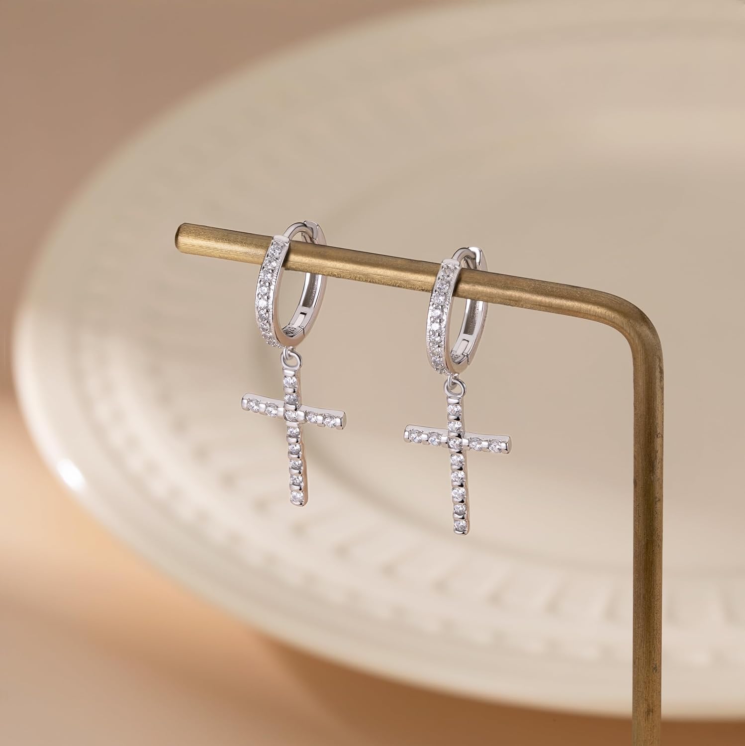Reffeer Solid 925 Sterling Silver CZ Cross Dangle Earrings for Women Teen Girls Cross Dangle Hoop Earrings Huggie Drop Earrings - Image 6