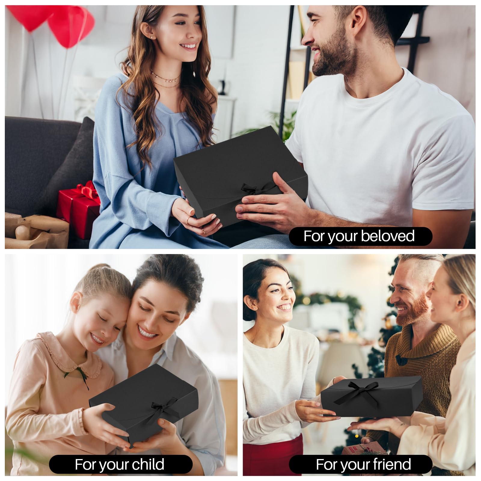 Confezione da 24 scatole regalo con coperchio, 26 x 20 x 8 cm, scatole regalo di lusso nere con nastro, per matrimoni, imballaggi, regali, compleanni (nero)