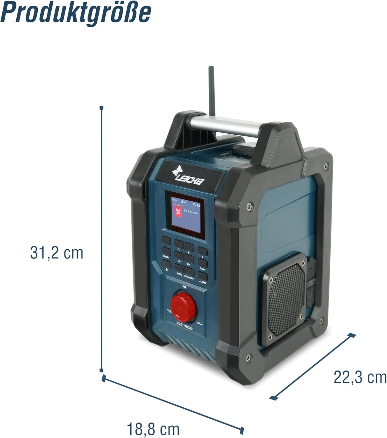 Diagram showing the dimensions of the LEICKE Construction Site Radio: 31.2 cm height, 22.3 cm width, 18.8 cm depth.