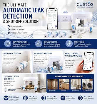 CUSTOS/Firebot DIY Automatic Water Shut Off Valve Control, LoRa Water Leak Detection Device Kit with 3 WiFi Water Leak Sensor, WiFi Water Shutoff Valve with Battery Backup