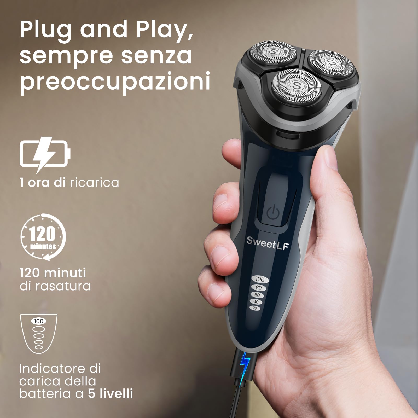 SweetLF Rasoio Elettrico Uomo,Regolabarba con Testine Rotanti 4D, Rasoio Ricaricabile Wet & Dry con Display LED, Rasatura Impermeabile IPX7 Blu Navy (Blu) - 2