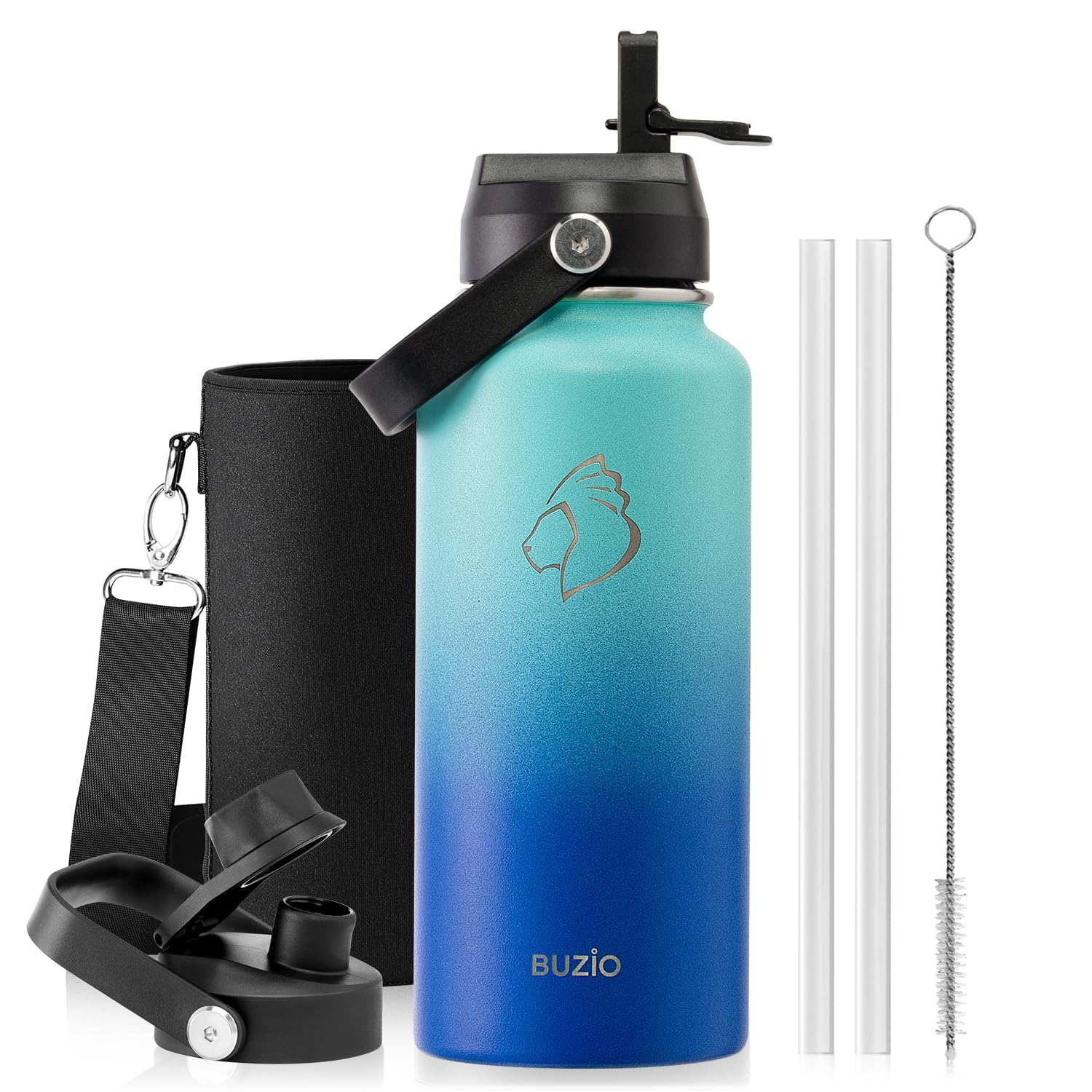 BUZIO Stainless Steel Water Bottle (Cold for 48 Hrs, Hot for 24 Hrs), 32 oz Vacuum Insulated Water Bottle with Straw Lid and Flex Cap (Double Wall, Wide Mouth, BPA Free, Leak Proof), Caribbean Blue