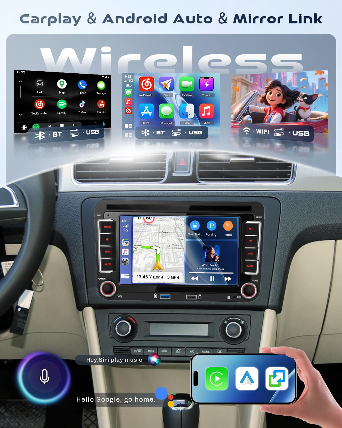 Roinvou Radio samochodowe do VW Golf 5 6 Passat Polo Tiguan Touran Caddy Skoda Wireless CarPlay Android Auto MirrorLink, 7-calowy ekran dotykowy radia z Bluetooth, DSP FM SWC Kamera cofania