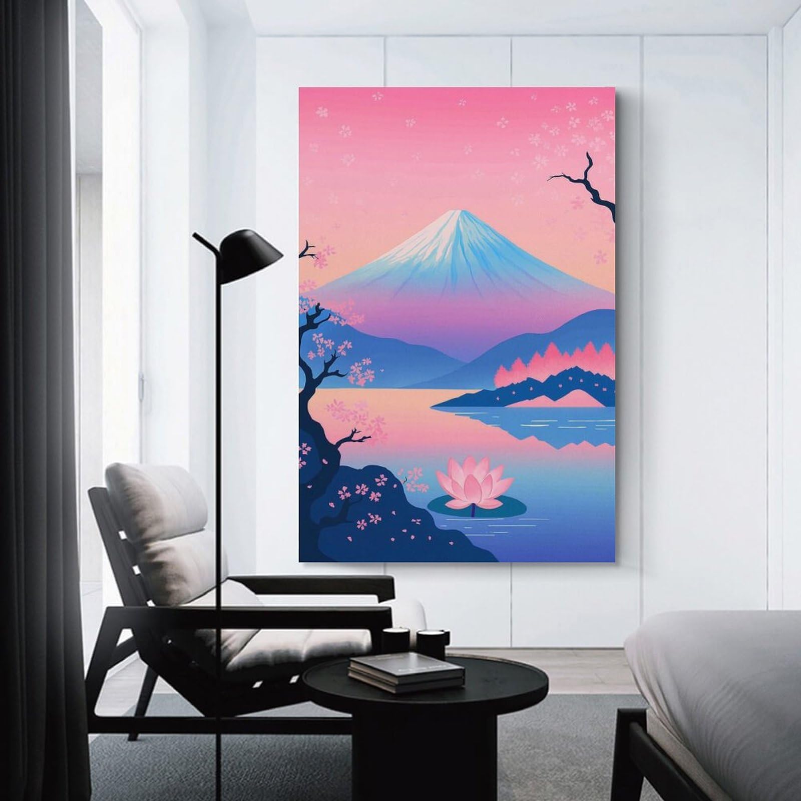 Junmoney Mount Fuji And Lotus Flower Landscape Hanging Wall Art 24x36inch(60x90cm), for Study, Office Or Focused Interiors, Wall Art That Adds Style to Work Areas