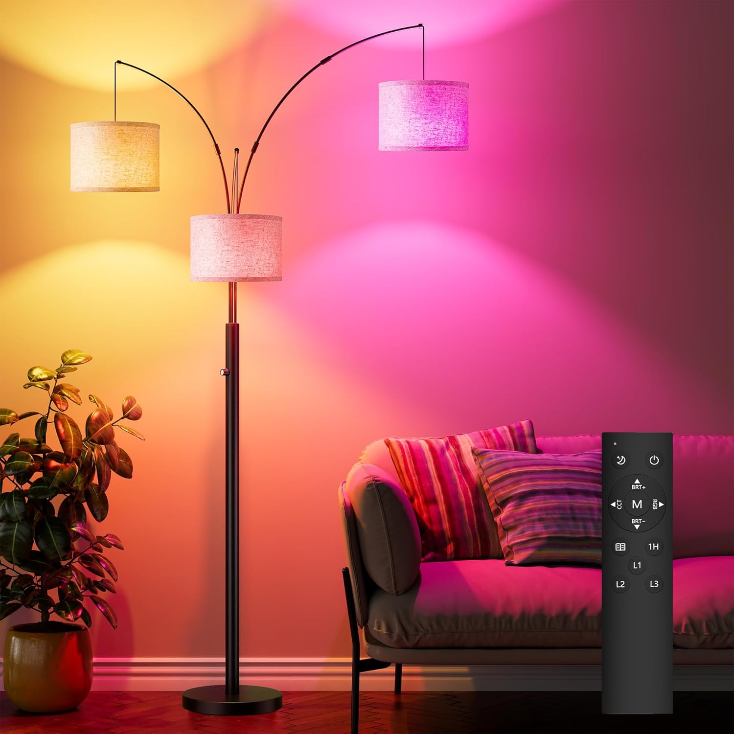 Floor Lamp with RGBW Light, 3-Light Arc Floor Lamps for Living Room, Modern Tall Standing Lamp with Adjustable Heads, Mid Century Corner Lamp with Remote for Bedroom, Office & Corner, Bulbs Included
