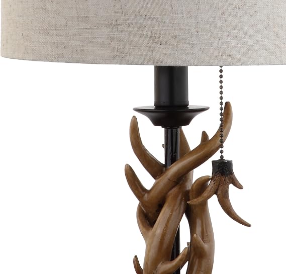 JONATHAN Y 20.5 Brown Rustic Antler Table Lamp for Bedroom Farmhouse Decor, Mini Faux Antler Desk Lamp with Gray Linen Shade, Lodge Cabin Nightstand Lamp, LED Bulb JYL1031A