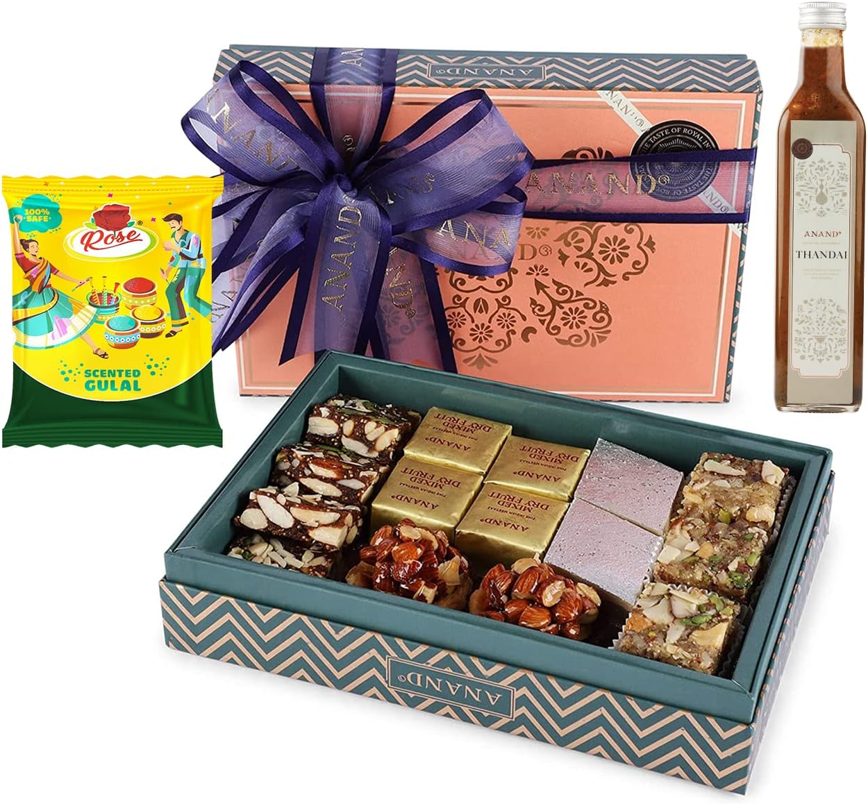 ANAND Royal Delicacies Assorted Sweets Holi Gift Box - 350g | Premium Holi Mithai Box with Kaju Katli, Anjeer Dry Fruit Burfi, Baklava, Kardant, Meetaaz | Holi Combo Pack with Organic Color & Thandai Concentrate