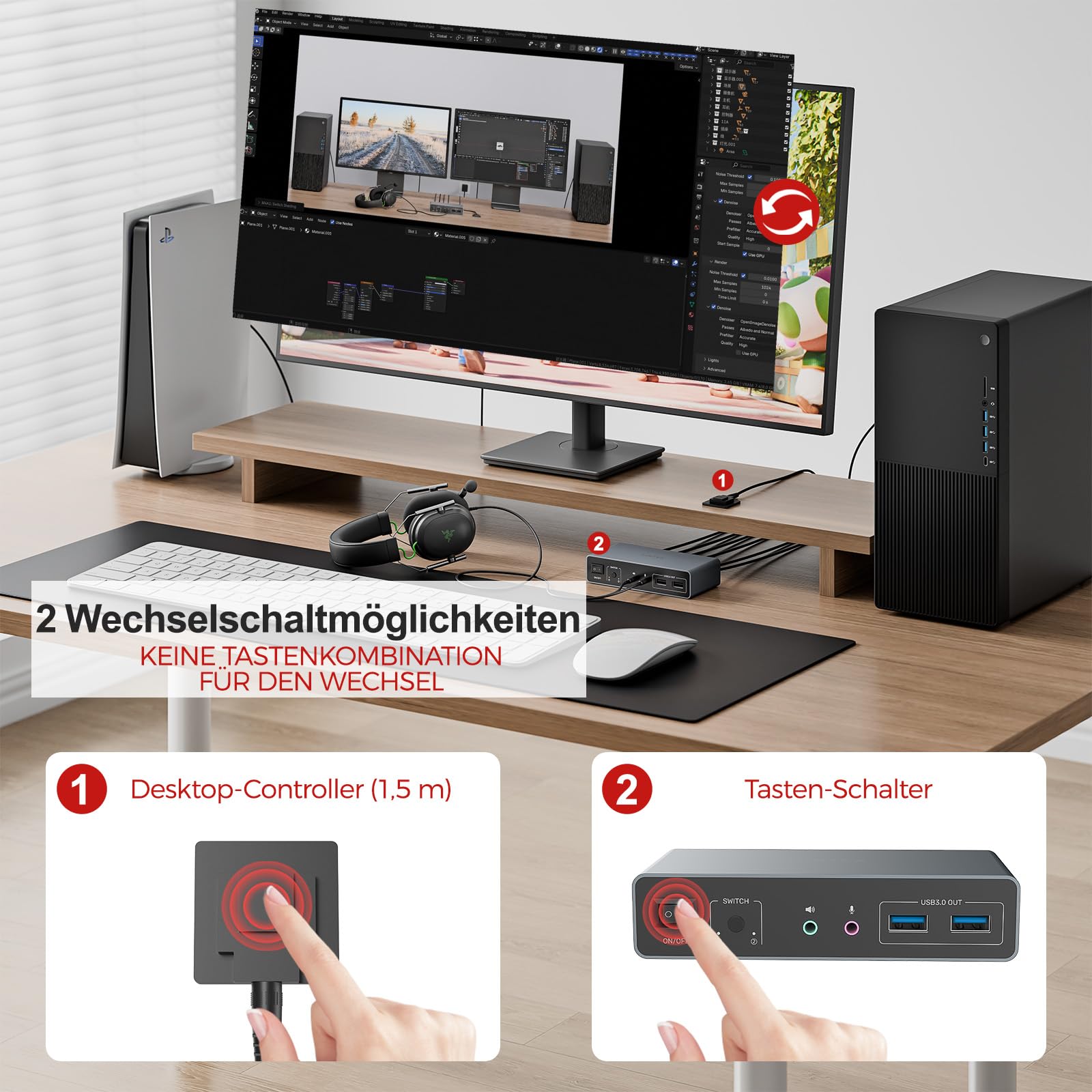 Unitek KVM Switch für 2 Monitore und 2 Computer 4K@60Hz HDMI Displayport KVM-Switcher 3 USB-Ports für gemeinsame Nutzung von Tastatur Maus Mikrofon Headset-Anschlüsse 2 USB-B-Kabel 5V DC