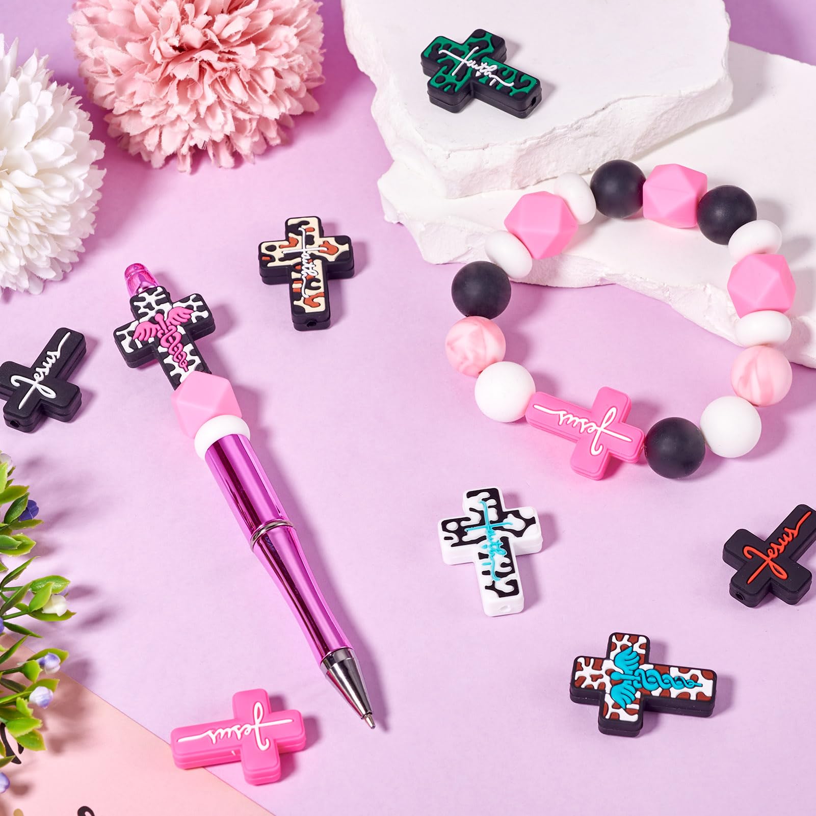 Spritewelry 12pcs Cross Silicone Focal Beads for Pen Religion Jesus Cross Beads Leopard Cross Silicone Beads Easter Silicone Beads Cute Cross Beads for DIY Craft Jewelry Making - Image 2