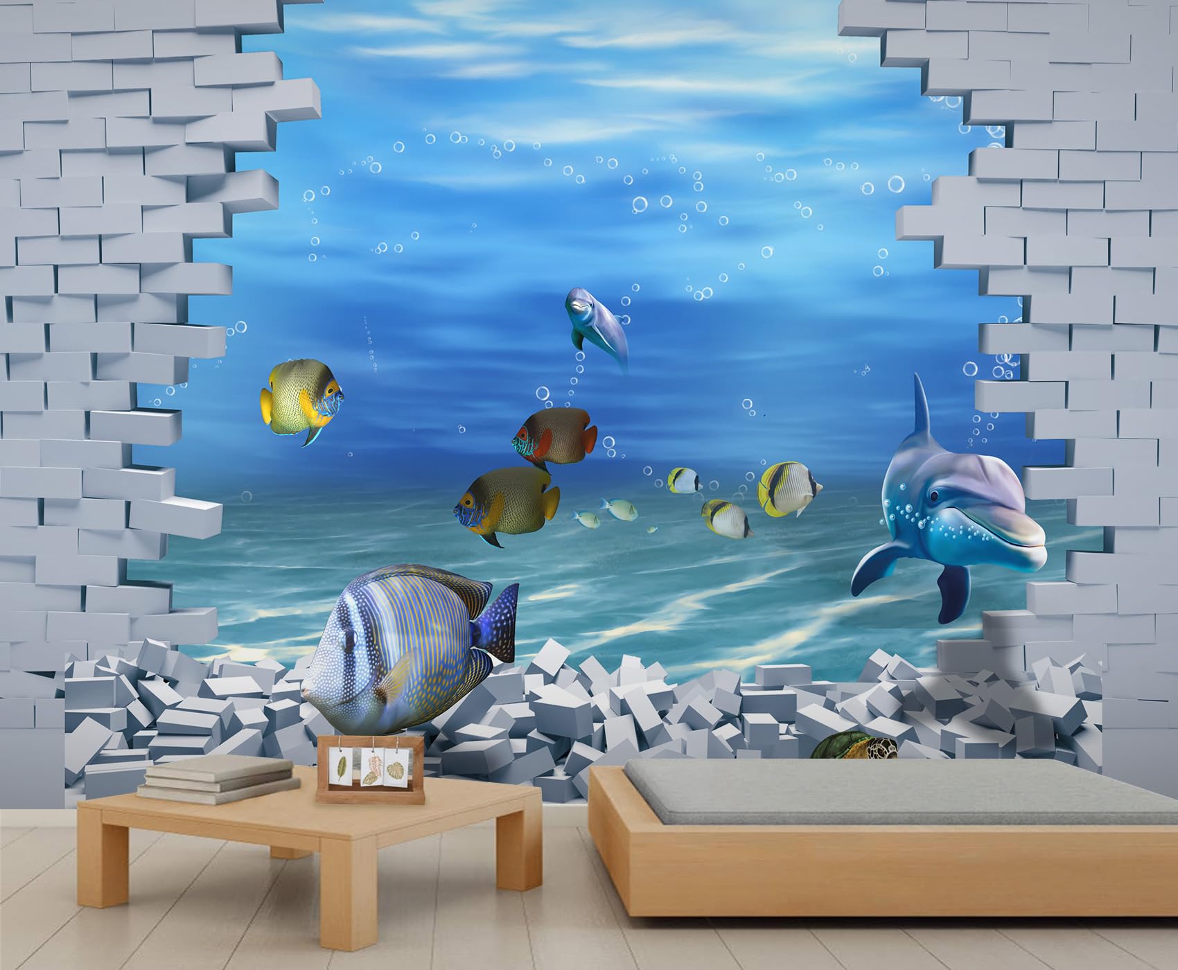 Papier peint monde sous-marin en trompe l'œil 3D pour agrandir le mur du salon