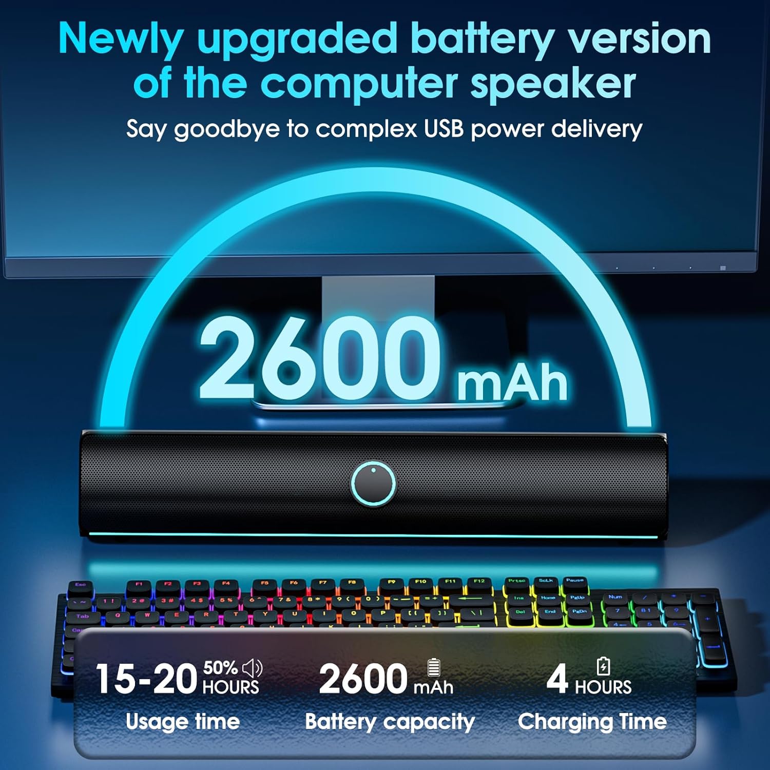 Computer Speakers for Desktop PC,Computer Sound bar,2600mAh PC Soundbar,Bass Boost,HiFi Stereo Bluetooth Desktop Speakers with Touch Buttons for Laptops,Phone,Great for Gamers,Families - Image 5