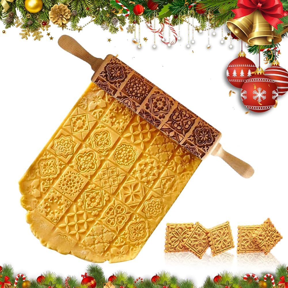 yotutun Nudelholz mit Muster Weihnachten, 35CM Teigroller 3D Holz Präge-Rollholz Motiv Geprägt Blumen Spekulatiusroller für DIY, Weihnachten, Küche, Plätzchen Nach