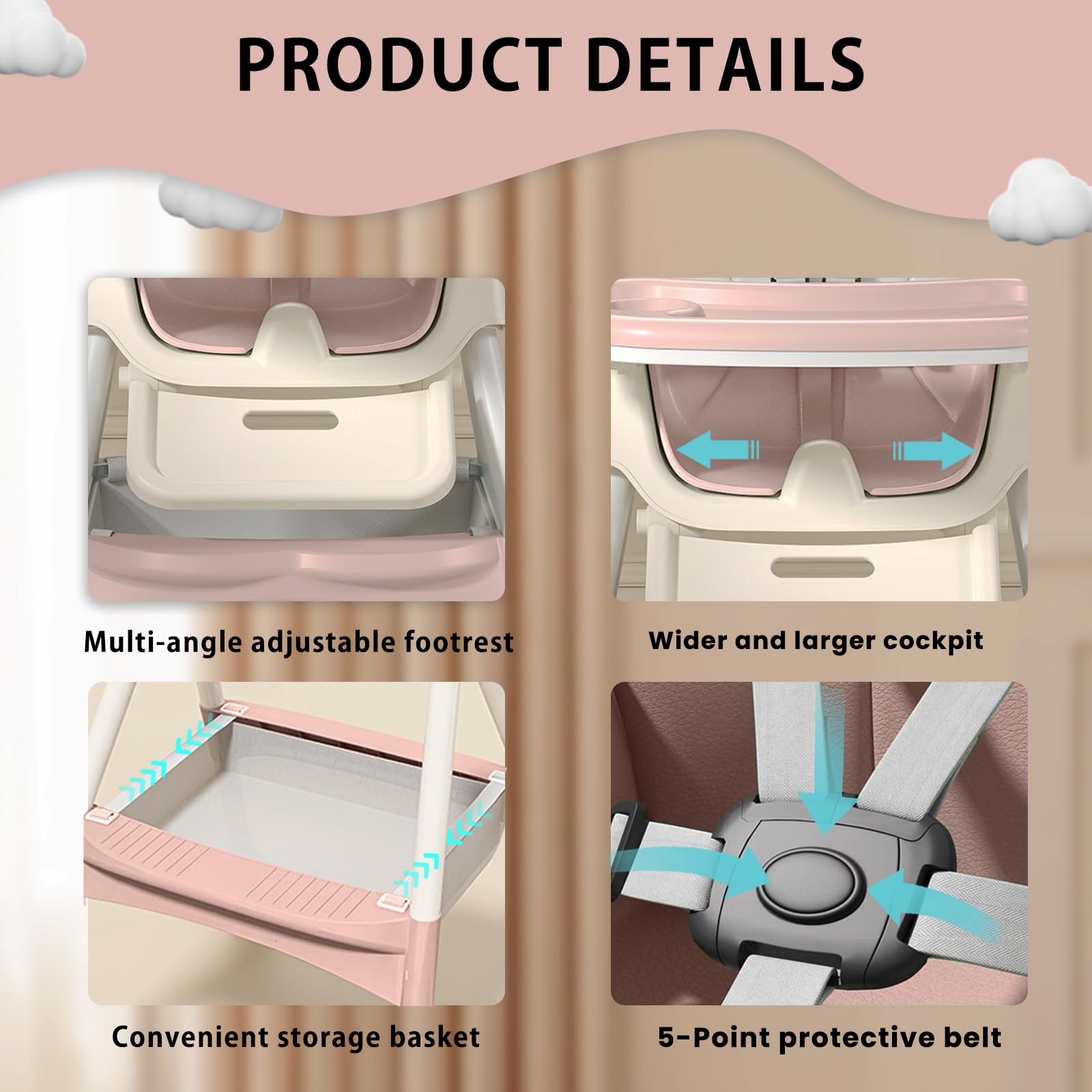 UBRAVOO Trona Evolutiva Bebe Silla de Comedor Plegable 3 en 1 Doble Bandeja de Comida Arnés de Seguridad de 5 Puntos Adecuado Para Niños De 6 a 36 Meses Capacidad de Peso 40KG (Rosa)