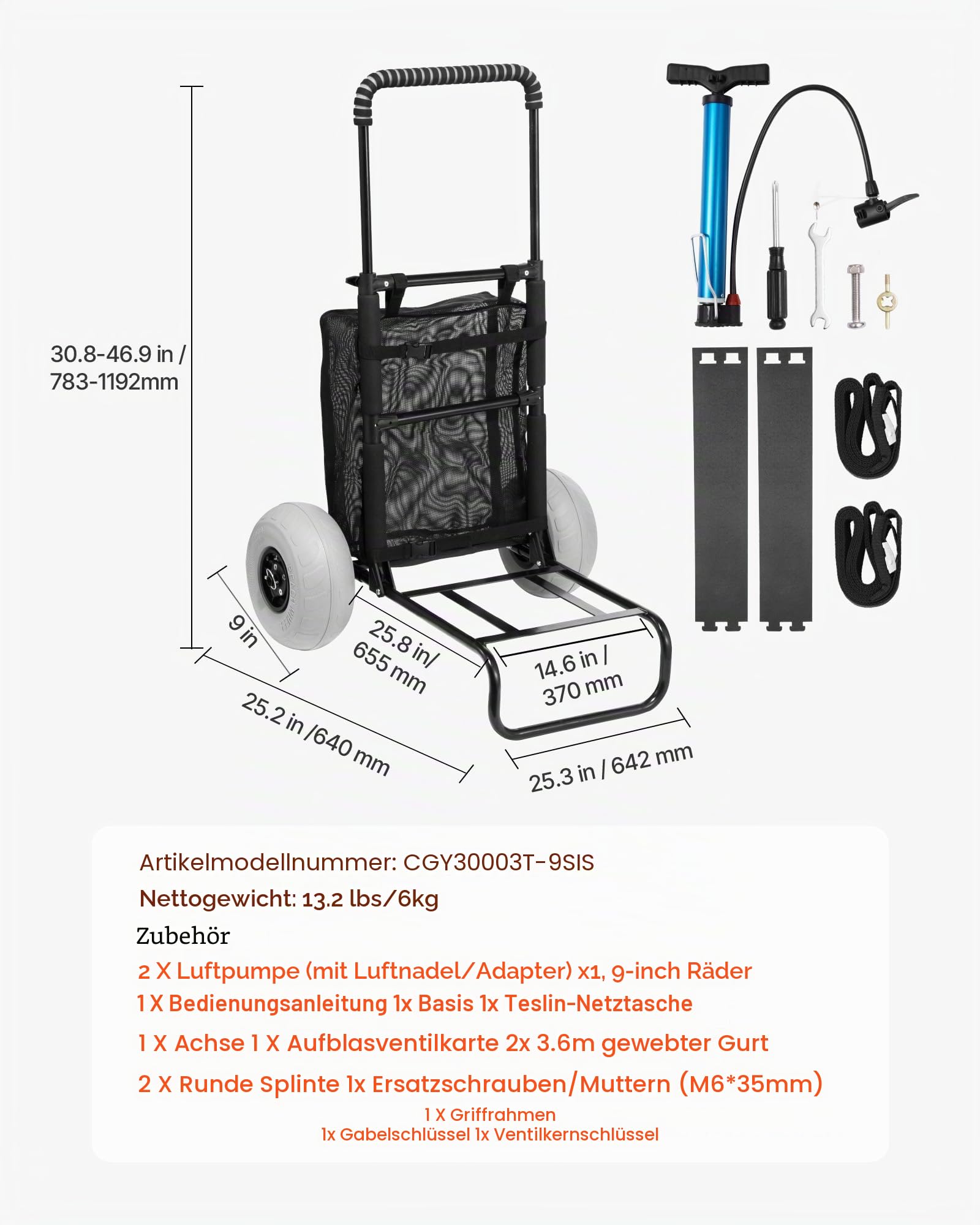 VEVOR Strandwagen Bollerwagen Transportkarre Transportwagen 13 Zoll(33 cm) Strandkarre faltbar 75 kg Tragfähigkeit mit 14 x 14,7 Zoll Ladefläche / 2 TPU-Räder/Handpumpe, Camping Garten Strand