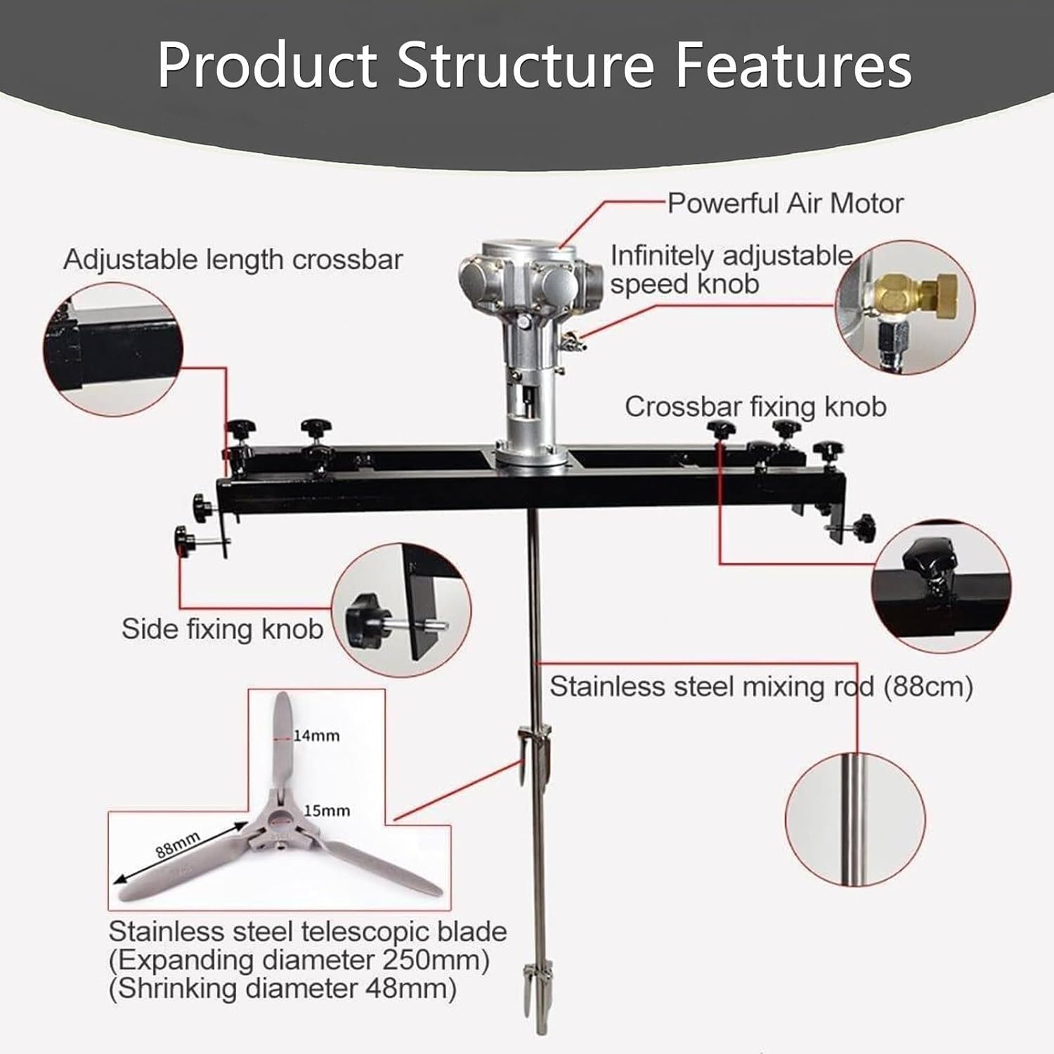IBC Ton Barrel Pneumatic Paint Mixer, Adjustable Speed 0-2500RPM, Stand Mixer with Support Hanger for Efficient Stirring of Paint and Coatings, 3 Cylinders