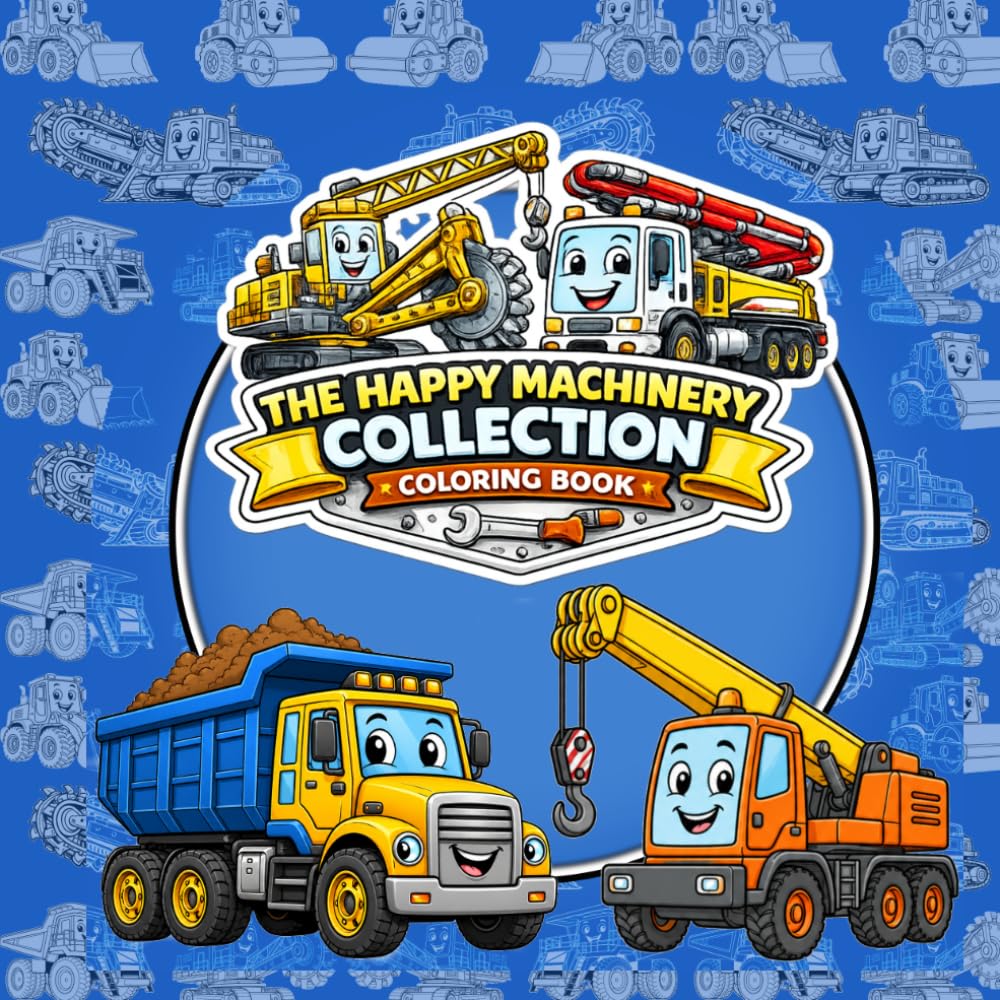 The Happy Machinery Collection Coloring Book: Fun and Educational Coloring Pages Featuring Bulldozers, Dump Trucks, Cement Mixers, Cranes, Forklifts, Excavators, and Heavy Machinery for Kids Ages 4–8