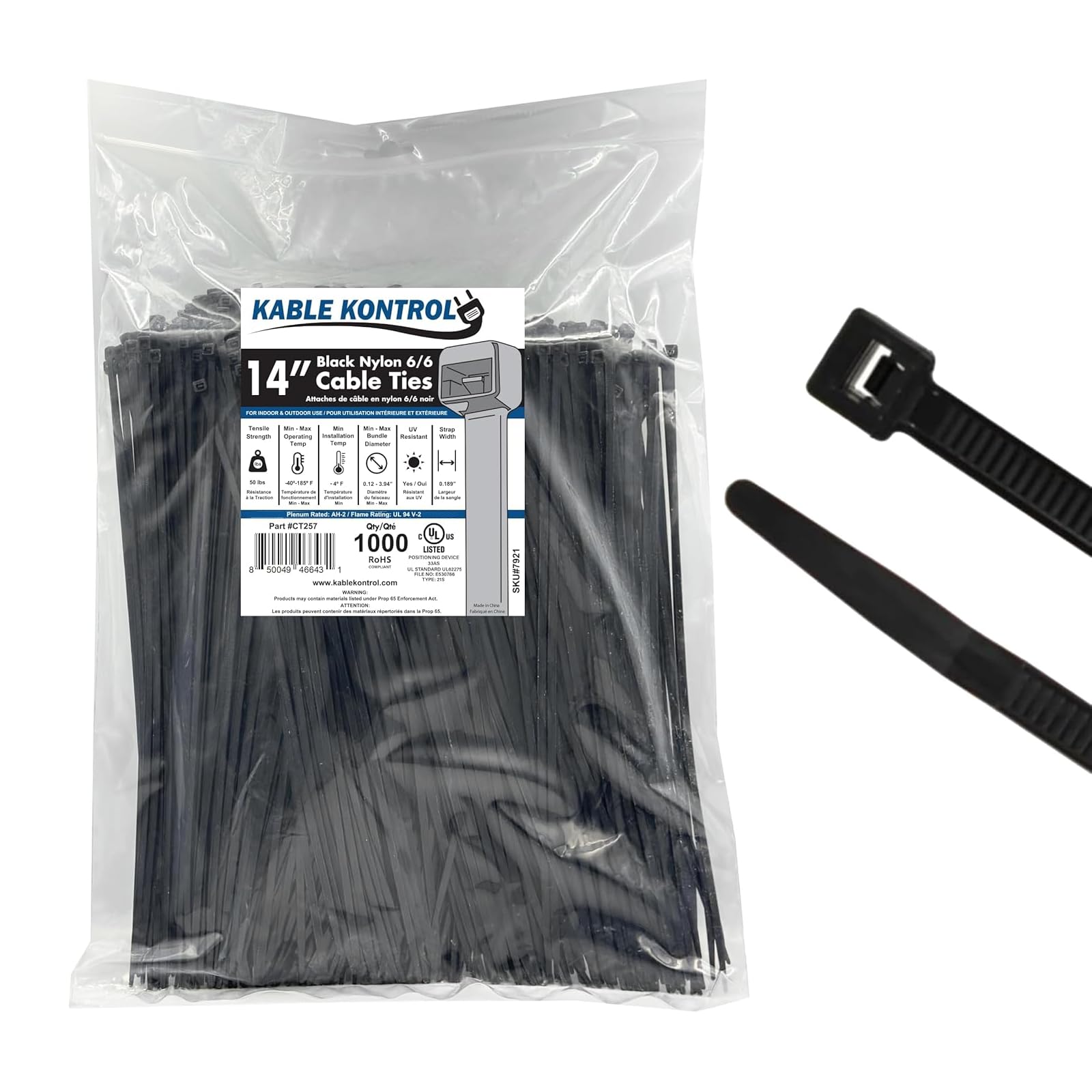 Kable Kontrol Black Cable Ties, 360 mm x 4.8 mm, Pack of 1000, 14" Premium Nylon Zip Ties, Multi-Purpose Plastic Tie Wraps, Secure Self-Locking Mechanism, for Home, Garden, Office and DIY