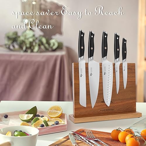 Miniatura 6 de MAD SHARK Bloque magnético para cuchillos, bloque de cuchillos magnético de madera de acacia de doble cara, bloque organizador sin cuchillos, se
