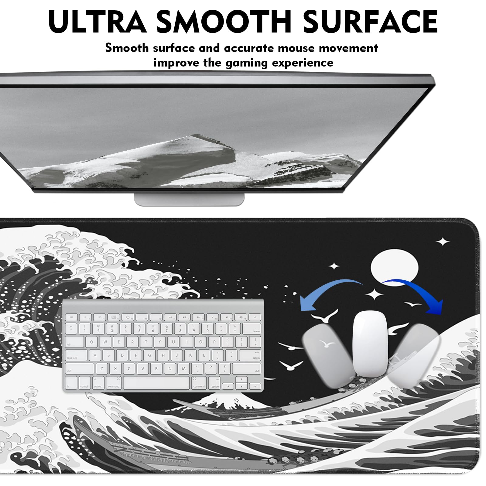 Tappetino Mouse XXL Gaming 800x300mm - Base Gomma Antiscivolo, Design Bianco E Nero