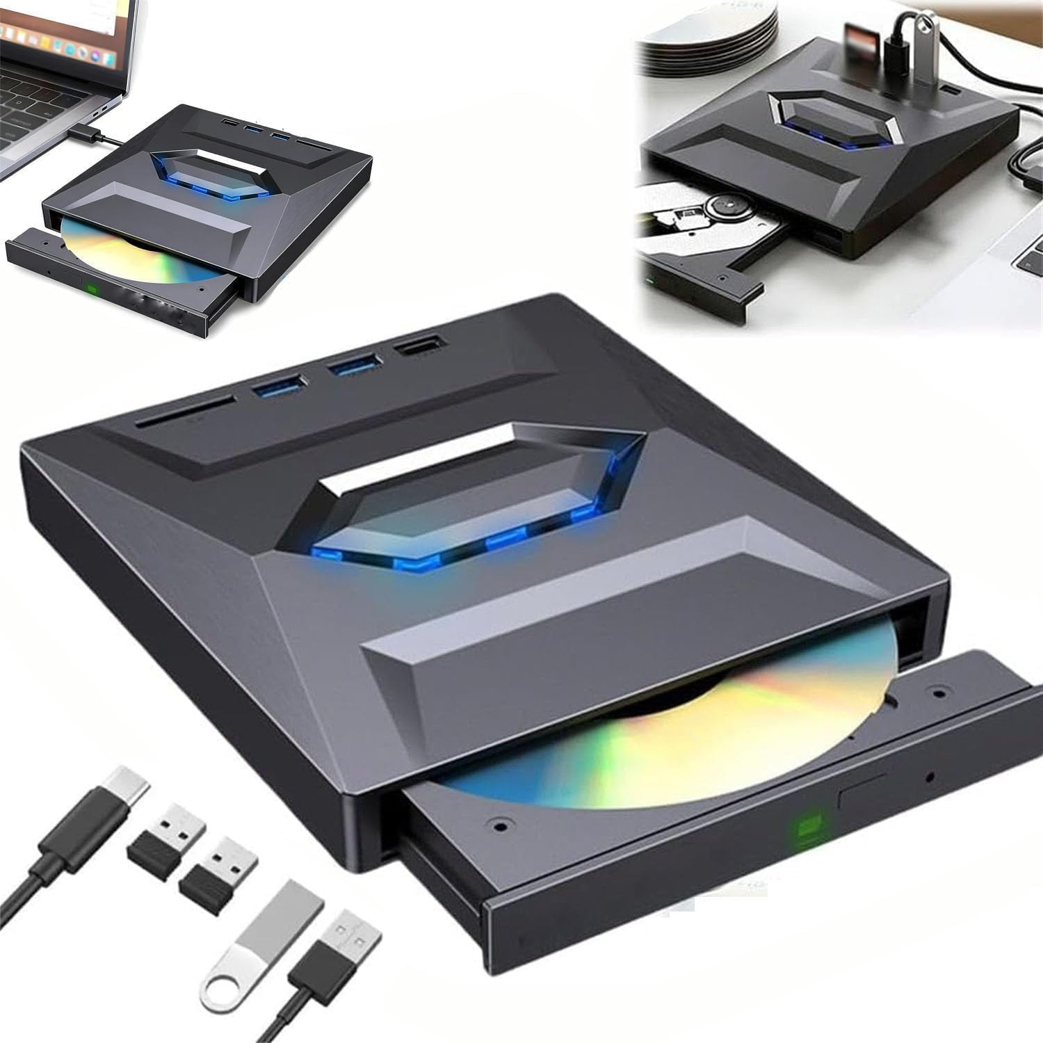 7-in-1 Externes USB-DVD-Laufwerk und Blu-ray-Player, USB C 3.0 Typ-C, tragbarer BD-DVD-CD-Brenner, Lesegerät mit 3 USB-Anschlüssen, Hub und SD-TF-Kartenleser, 6 x optisches Blu-ray-Laufwerk für Laptop