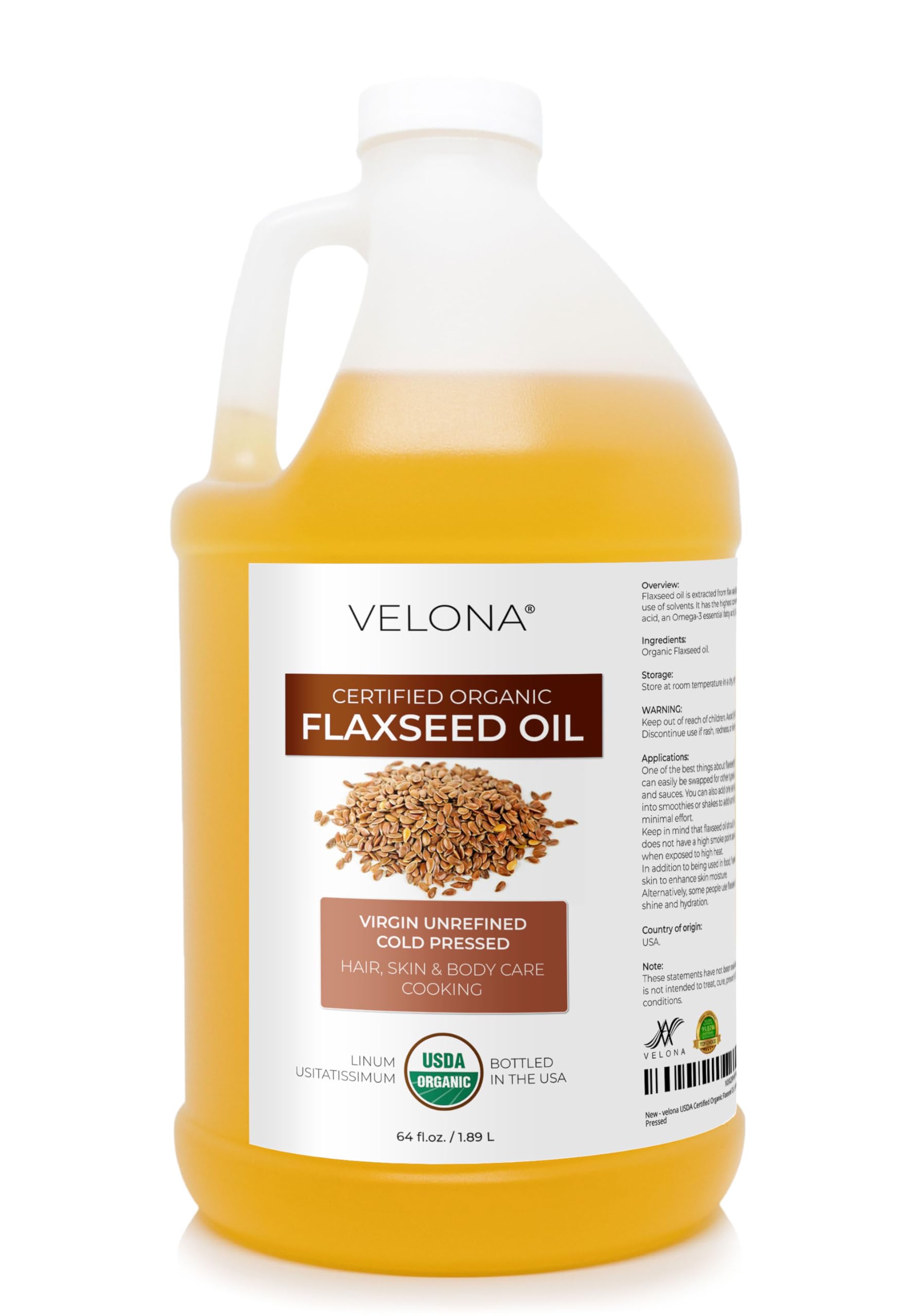 velona USDA Certified Organic Flaxseed Oil - 64 Fl Oz | 100% Pure and Natural Carrier Oil | Unrefined, Cold Pressed |Body, Face & Skin Care | Use Today - Enjoy Results…