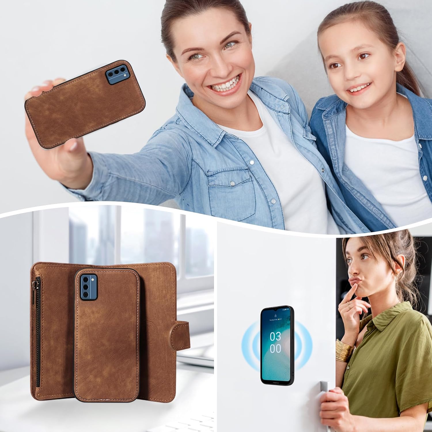 Asuwish Phone Case for Nokia C300 Zipper Wallet Detachable Magnetic Cover with Tempered Glass Screen Protector Crossbody Lanyard Strap Flip Card Holder Slot C 300 300C TA-1515 2023 Women Girls Brown