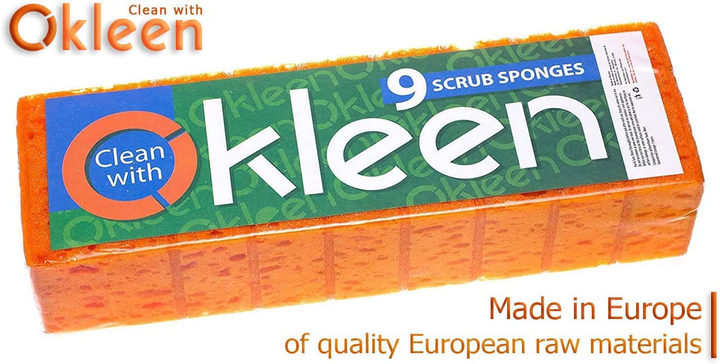 Esponja exfoliante multiuso naranja. Fabricado en Europa. Paquete de 18, 4.3 x 2.8 x 1.4 pulgadas. Fibra resistente e inodora. Estropajo duradero y delicado para horno y estufa, baño y sótano