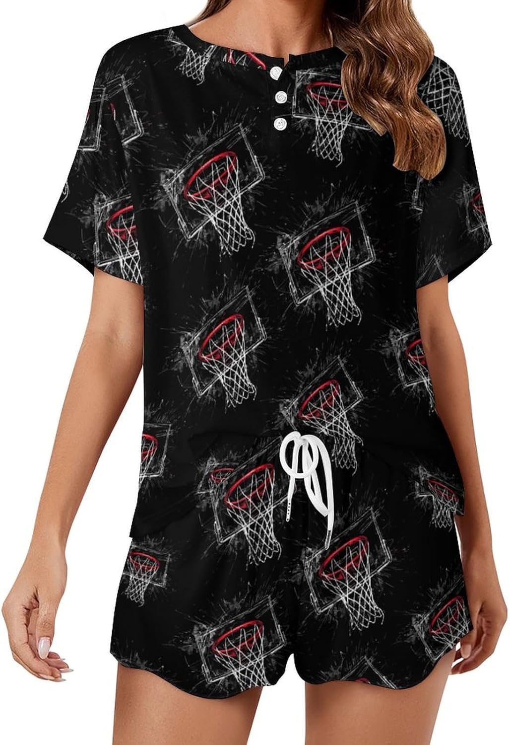 Basketball Hoop Women's 2 Piece Pajamas Set Short Sleeve Shirt and Shorts Loungewear PJ Sets Sleepwear