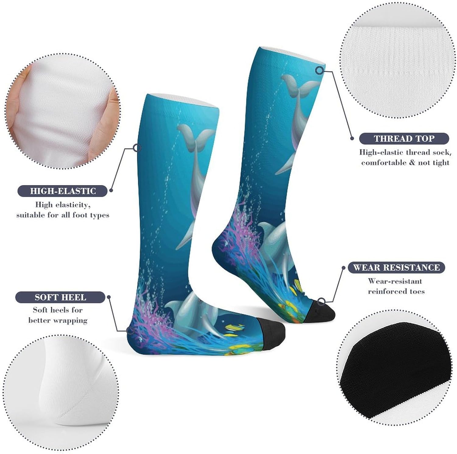 Dolphin And Fish Compression Sock Circulation Support Socks Lightweight Knee High Tube Sock Over-The-Calf Sock for Adult