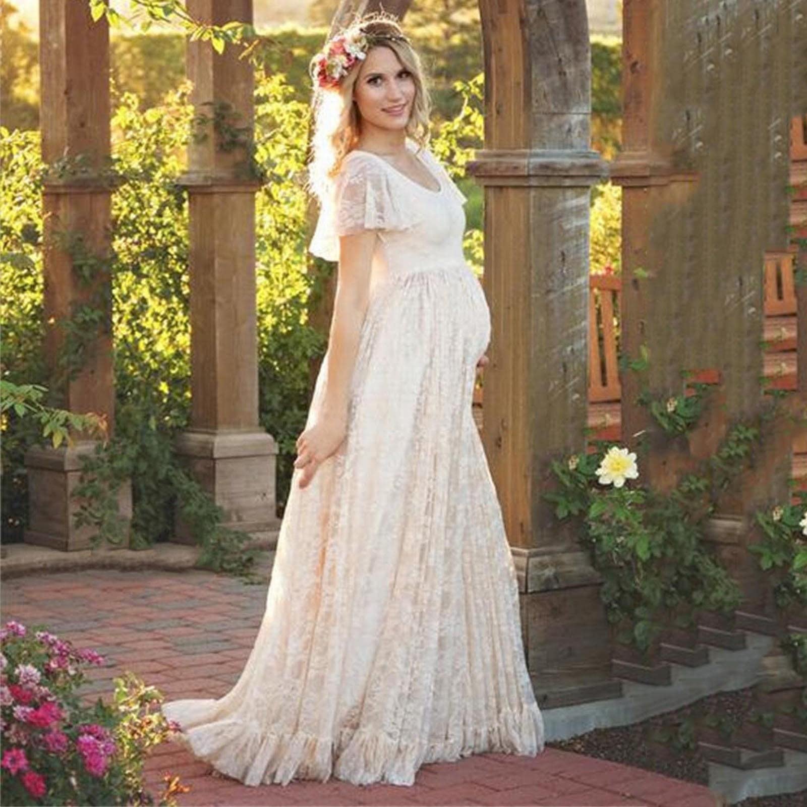 Generisch Vestido de maternidad de encaje con volantes de manga corta, vestido largo, fotografía, vestido de maternidad con mangas voladoras