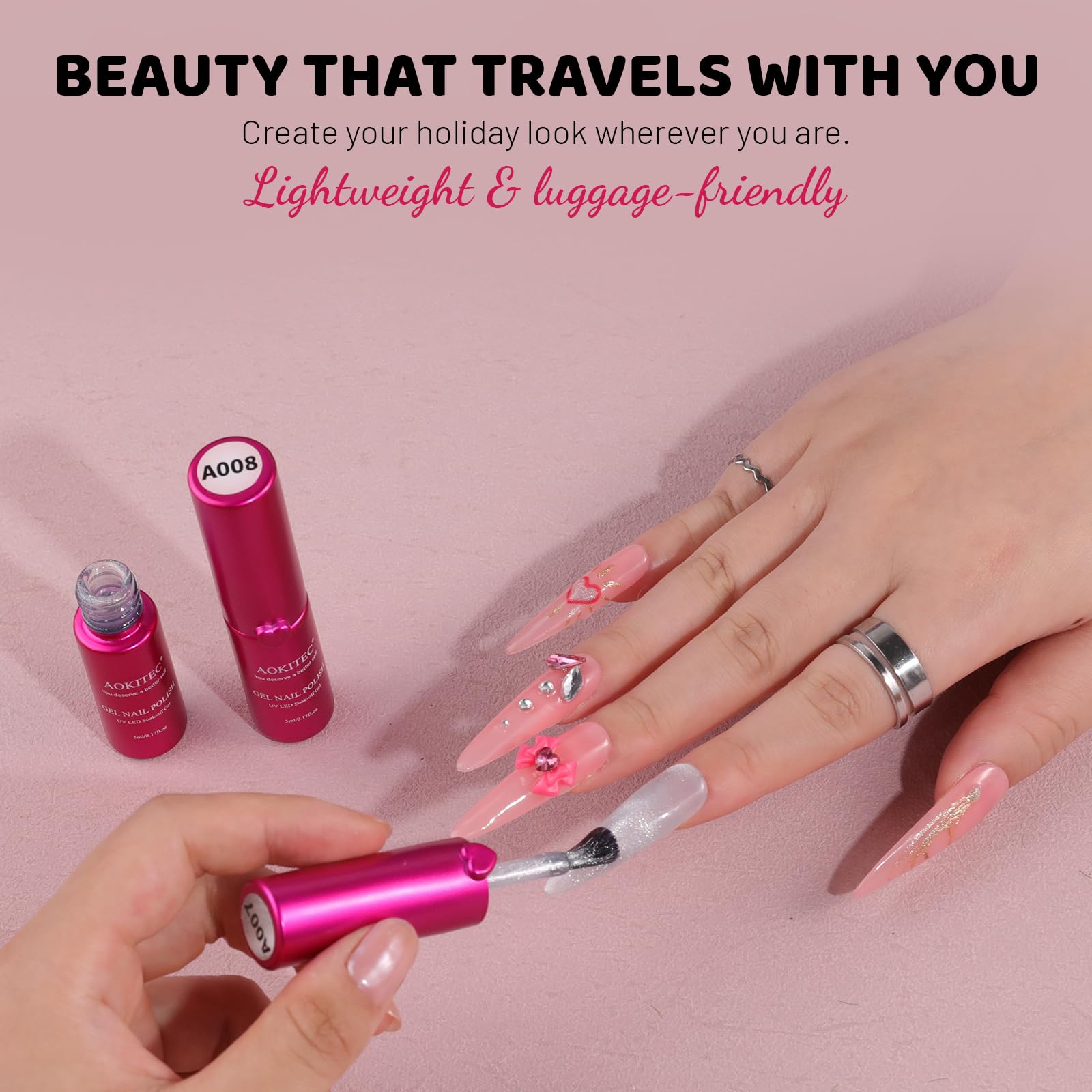 Aokitec Gel Nail Polish Starter Kit: Nudes & Sliver Cat Eye Gel Nails with UV Lamp & Base & Top Coat, DIY Travel Salon Set - Image 3