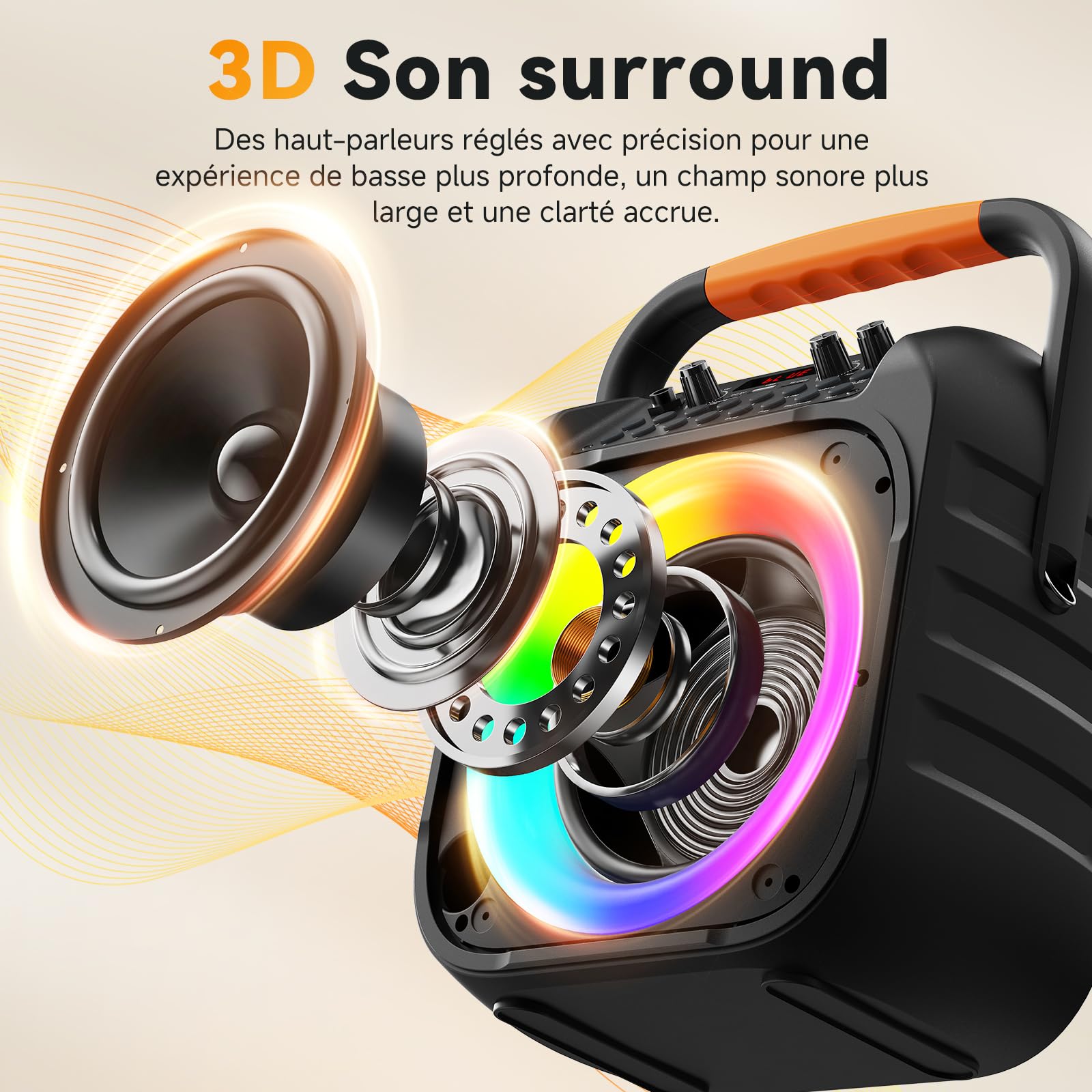 HWWR Enceinte de Karaoké avec 2 Microphones sans Fil, Haut-Parleur Karaoke Complet avec Lumières de fête, Karaoke Adulte et Enfants, Portable Système Karaoké Support AUX/FM/USB/TF Carte
