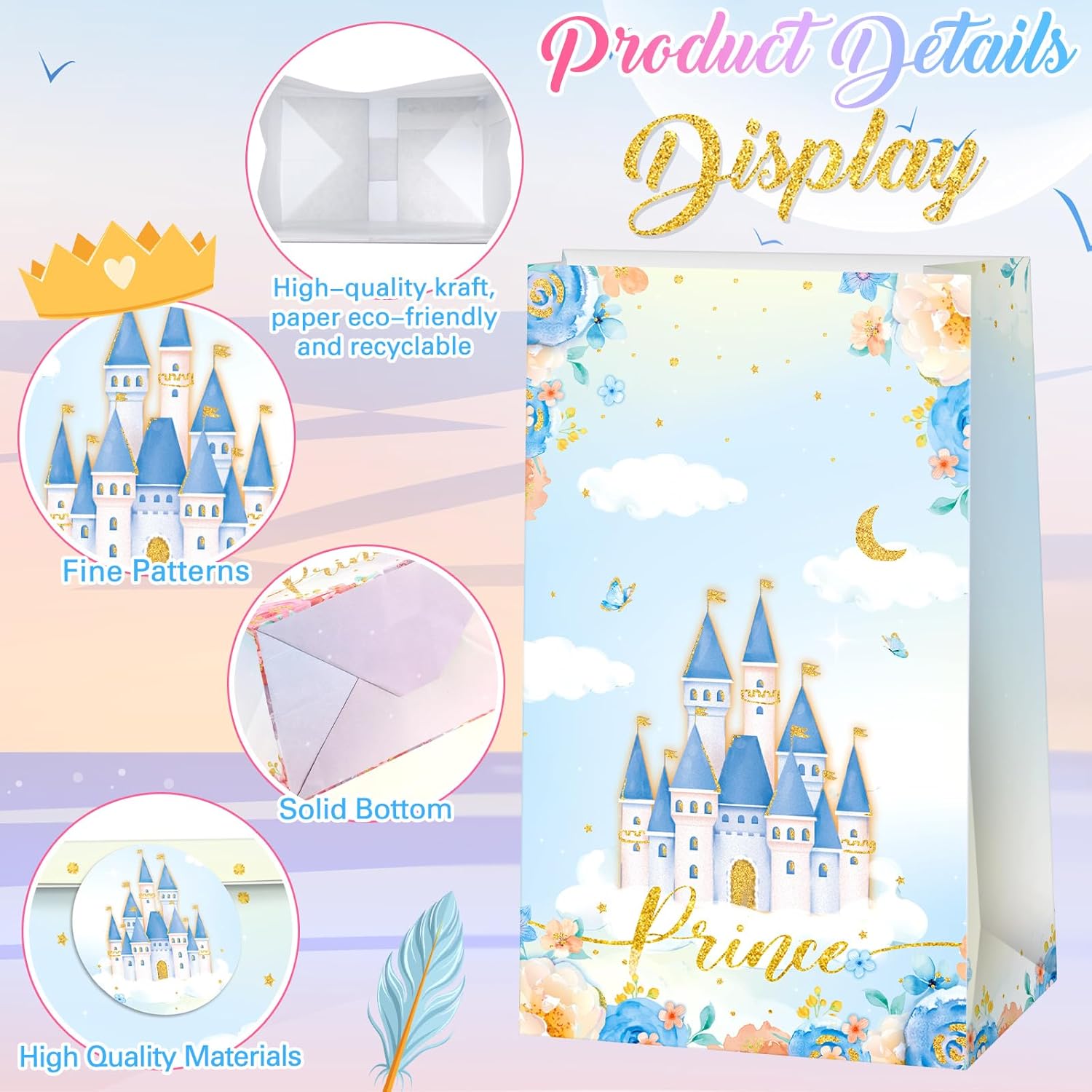 Nezyo 32 pcs Princess Prince Favor Bags Princess Crown Castle Party Bags include 4 Style Sticker Handles Candy Goodie for Gender Reveal Bridal Shower Wedding Supplies - Image 5