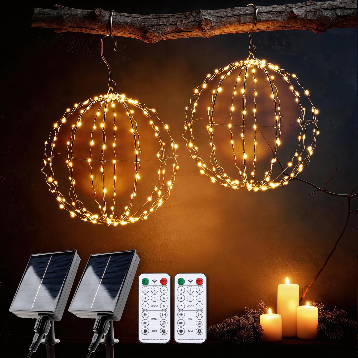 Illuminazione solare natalizia per esterni con telecomando, 2 pezzi, sfera a LED da appendere, diametro 30 cm, 140 LED, 1200 mAh, timer 4/6/8h, dimmerabile, 8 modalità, IP44, impermeabile, catena