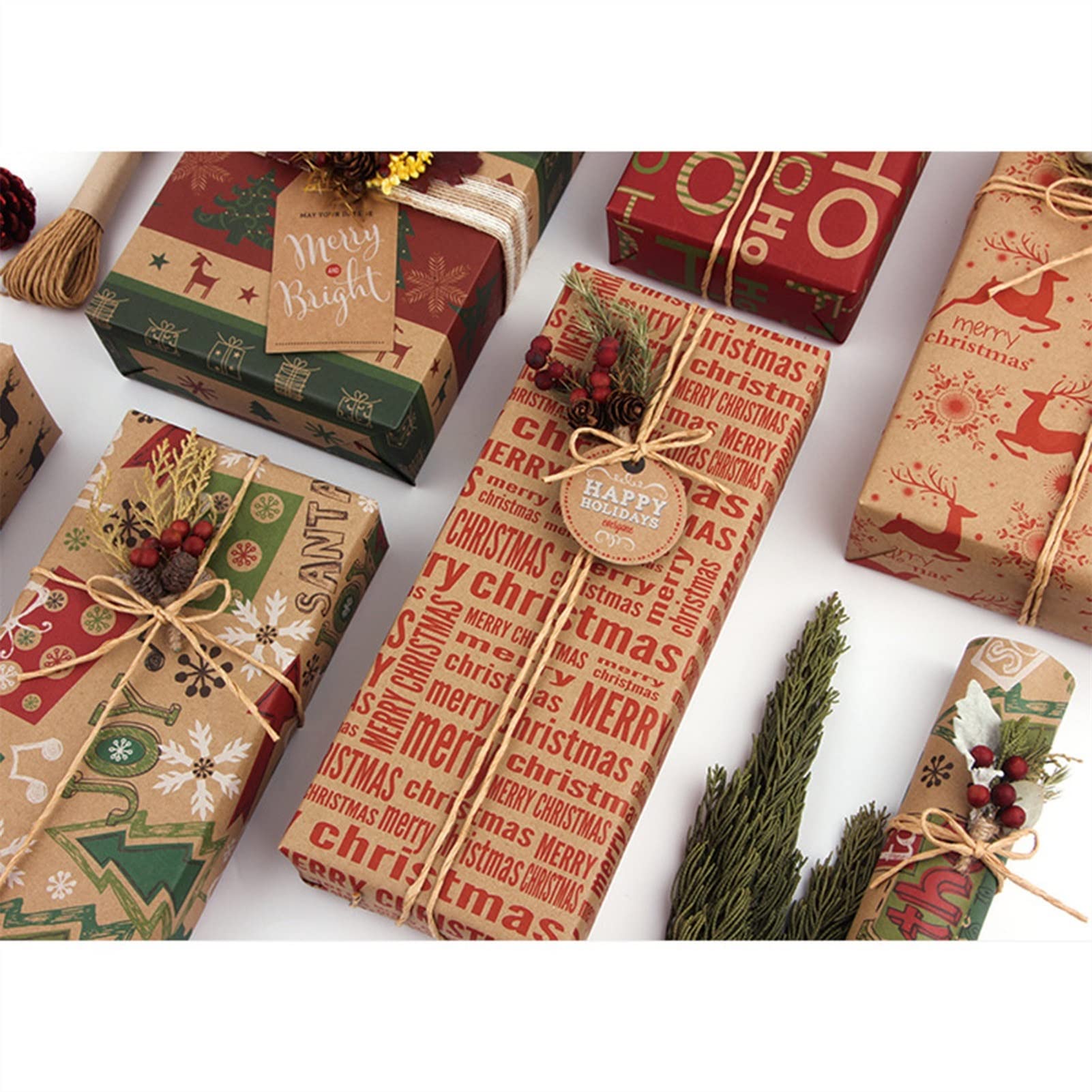 Rouleau Papier Cadeau Noël LOMIMOS 43cm X 10m - Papier Kraft Écologique Sapins Rennes Flocons