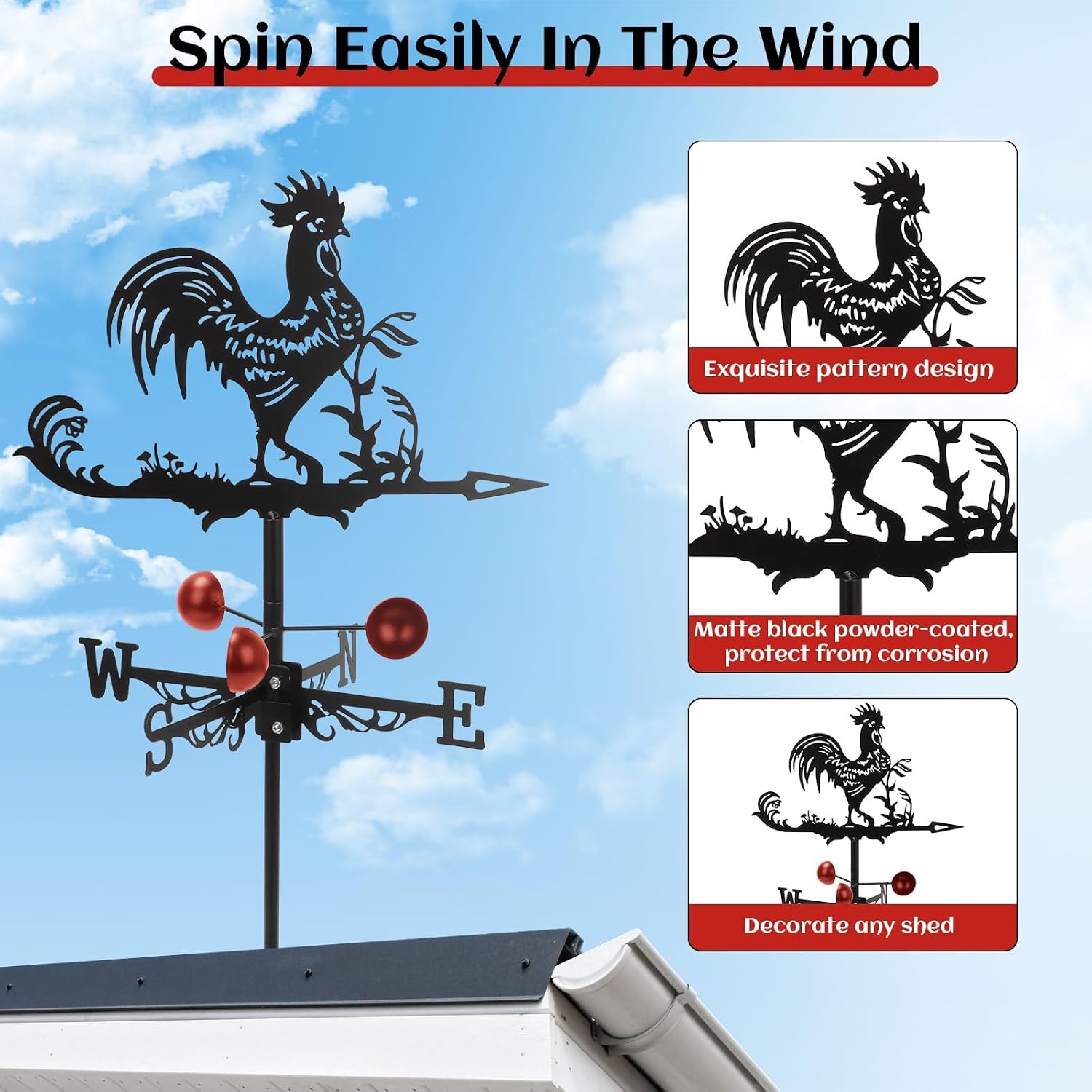 Rooster Weathervane Roof Mount, Rust-Resistant & Durable Metal Wind Direction Indicators, Wind Vanes of Metal Outside Yard Farm Garden Patio Decoration (Rooster) image 5