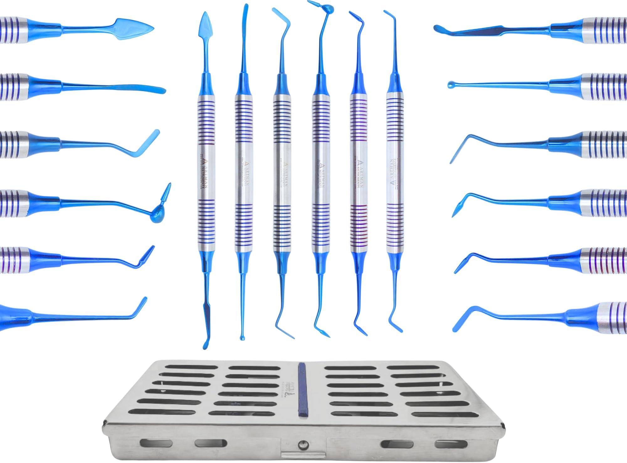 ARTMAN INSTRUMENTS Dental Composite Non Stick Filling Instruments Kit (6 PCS, Blue Plasma Coated) Restorative Tools in Stainless Steel Cassette
