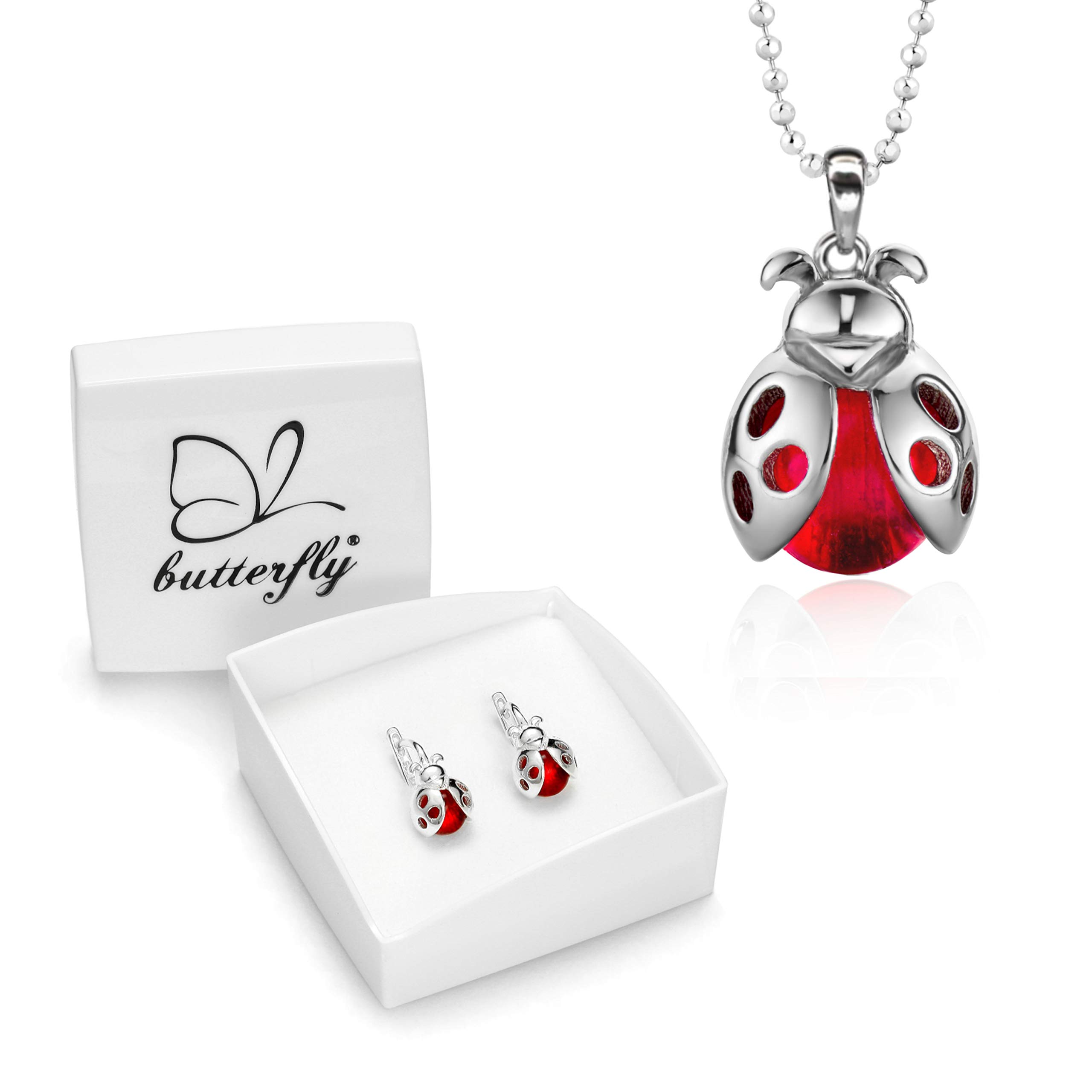 butterfly Conjunto De Joyería Infantil Con Mariquita En Plata De Ley Con Collar Ajustable Y Pendientes Colgantes