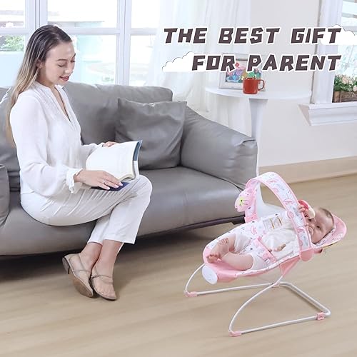 Miniatura 7 de Asiento portátil para bebé con 8 melodías, 3 niveles de vibración y volumen ajustable, balancín plegable para bebés con arnés de seguridad para