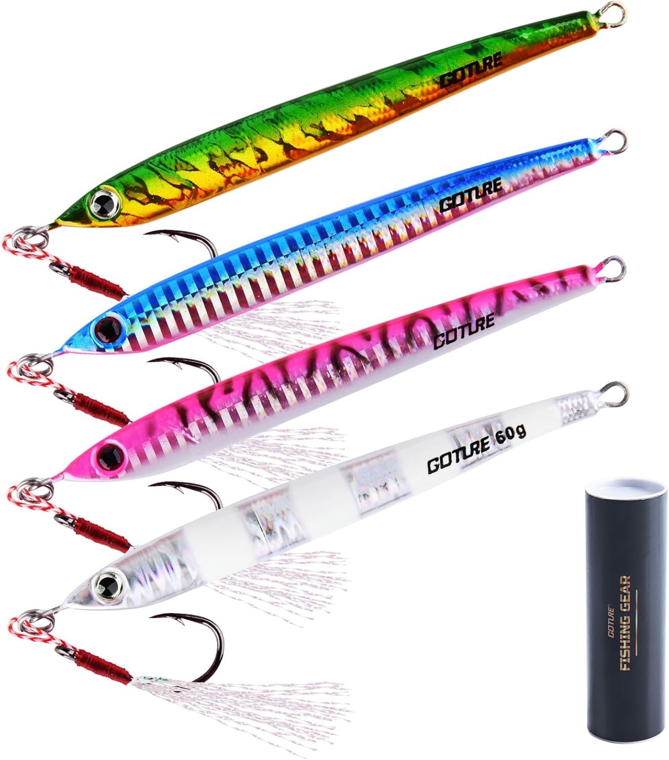 Goture Fishing Jigs Saltwater 60g-200g with Assist Hook, Glow Vertical Jigs, Speed Fast Lead Jig Sea Fishing Jigging Spoon Lures for Tuna, Salmon, Sailfish, Striped bass, Grouper Snapper, Kingfish