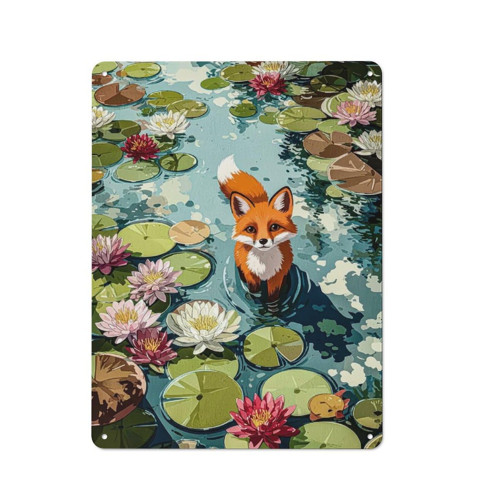 Junmoney Style-18 Fox In Lily Pond Illustration Retro Metal Wall Decor 40X30cm, Vintage Tin Sign For Coffee Bar, Kitchen, Bistro Or Tea Corner