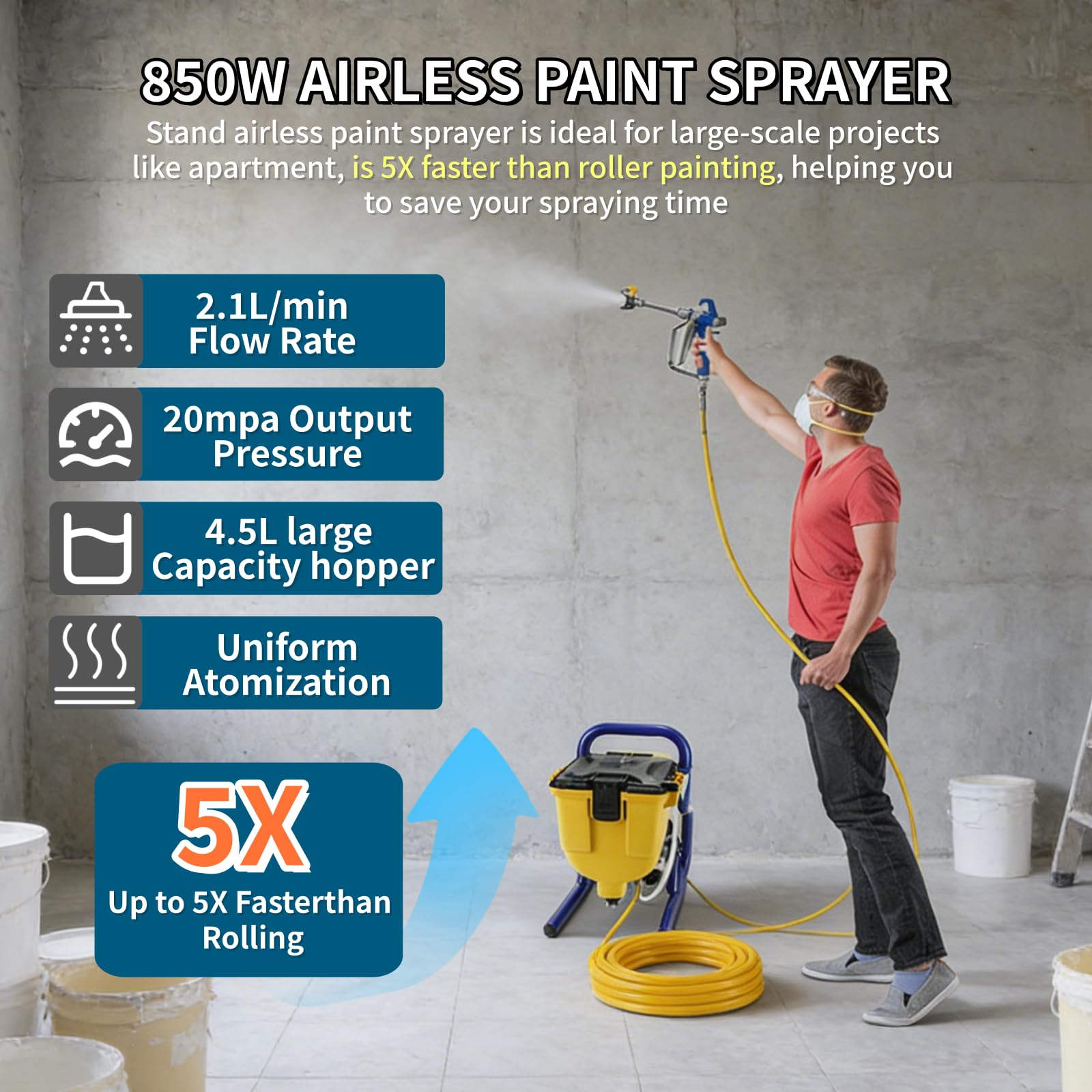 Pulverizador de pintura sin aire de alta presión de 850 W para emulsión y pinturas de látex a base de agua, incluye manguera de 5 m para paredes y vallas interiores/exteriores