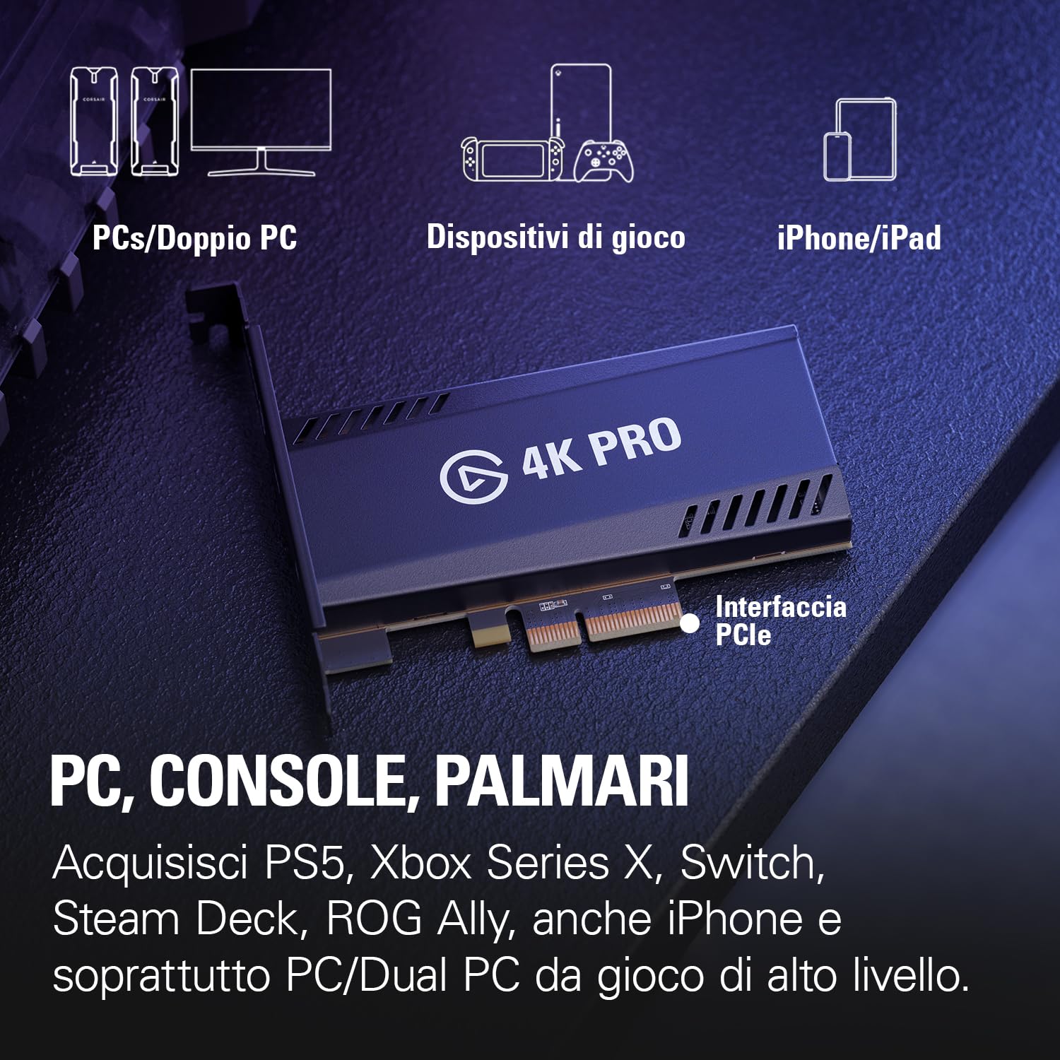 Elgato 4K Pro, Scheda Acquisizione Interna: Passaggio diretto 8K60|4K60 HDR10 con Latenza Ultra-Bassa su PS5|Pro, Xbox Series X|S, Nintendo Switch 2, OBS e Altro, per Streaming, Compatibile PC|Dual PC