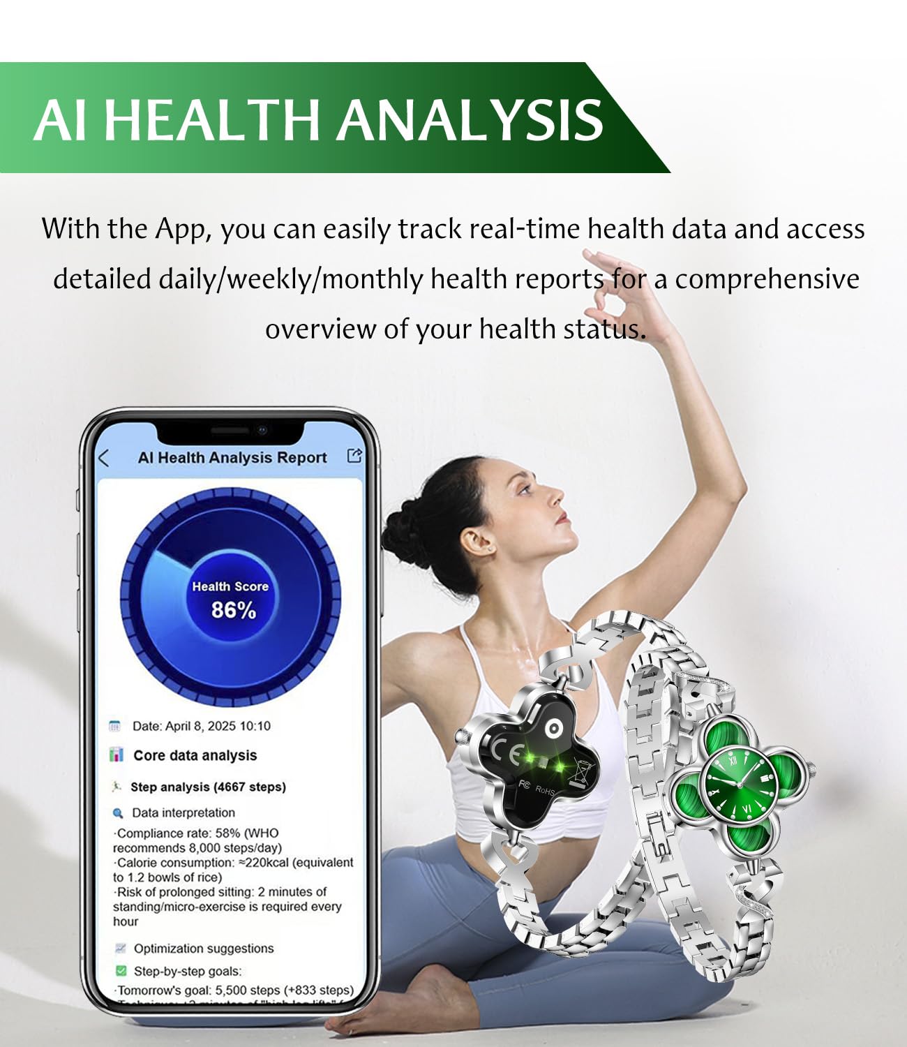 Smartwatch Donna, Strap Smart Band Fitness Tracker con 170 Sportive Contapassi Sonno Cardiaca, Bluetooth Notifica via SMS, Smart Watch IP68 Impermeabil, Orologio Smartwatch Donna per iOS Android