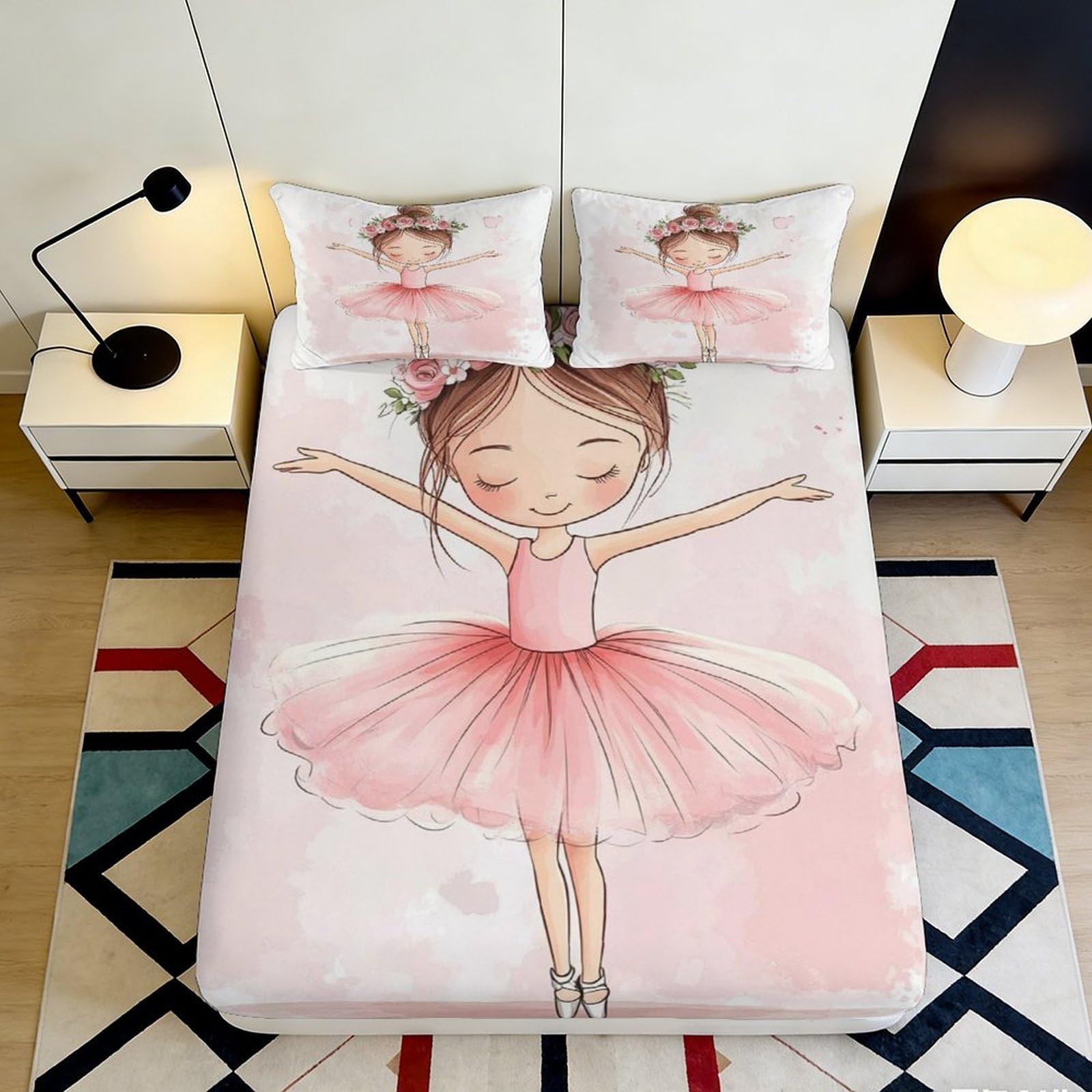 Pnayamiorkfel Girls Style-2 3D Printed Ballet Fitted Sheet Microfiber Pink Cartoon Bed Cover For Bedroom Guest Room Decor Machine Washable 90X200x25cm