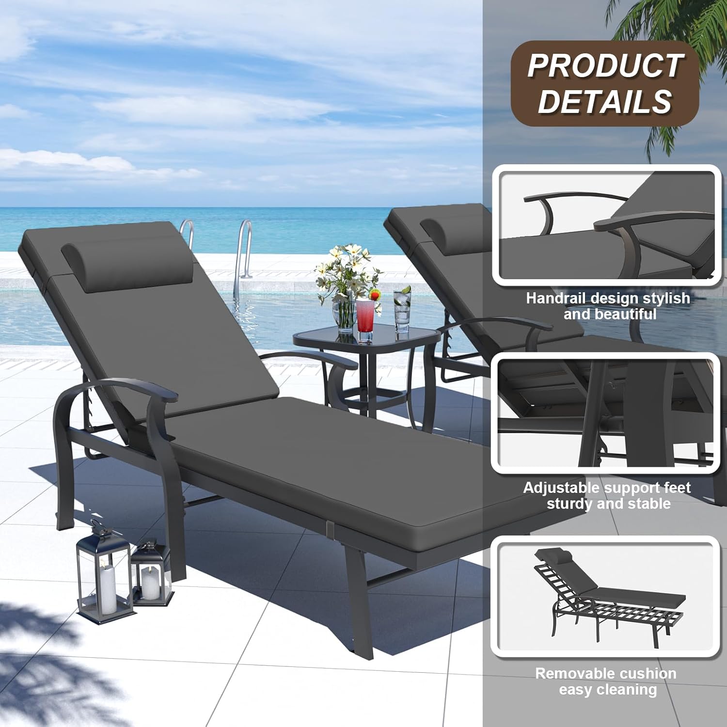 Kurapika Patio Chaise Lounge Set 3 Pieces, Aluminum Outdoor Lounge Chair, Adjustable Backrest, Pool Sunbathing Recliners with Side Table for Poolside Beach, Black