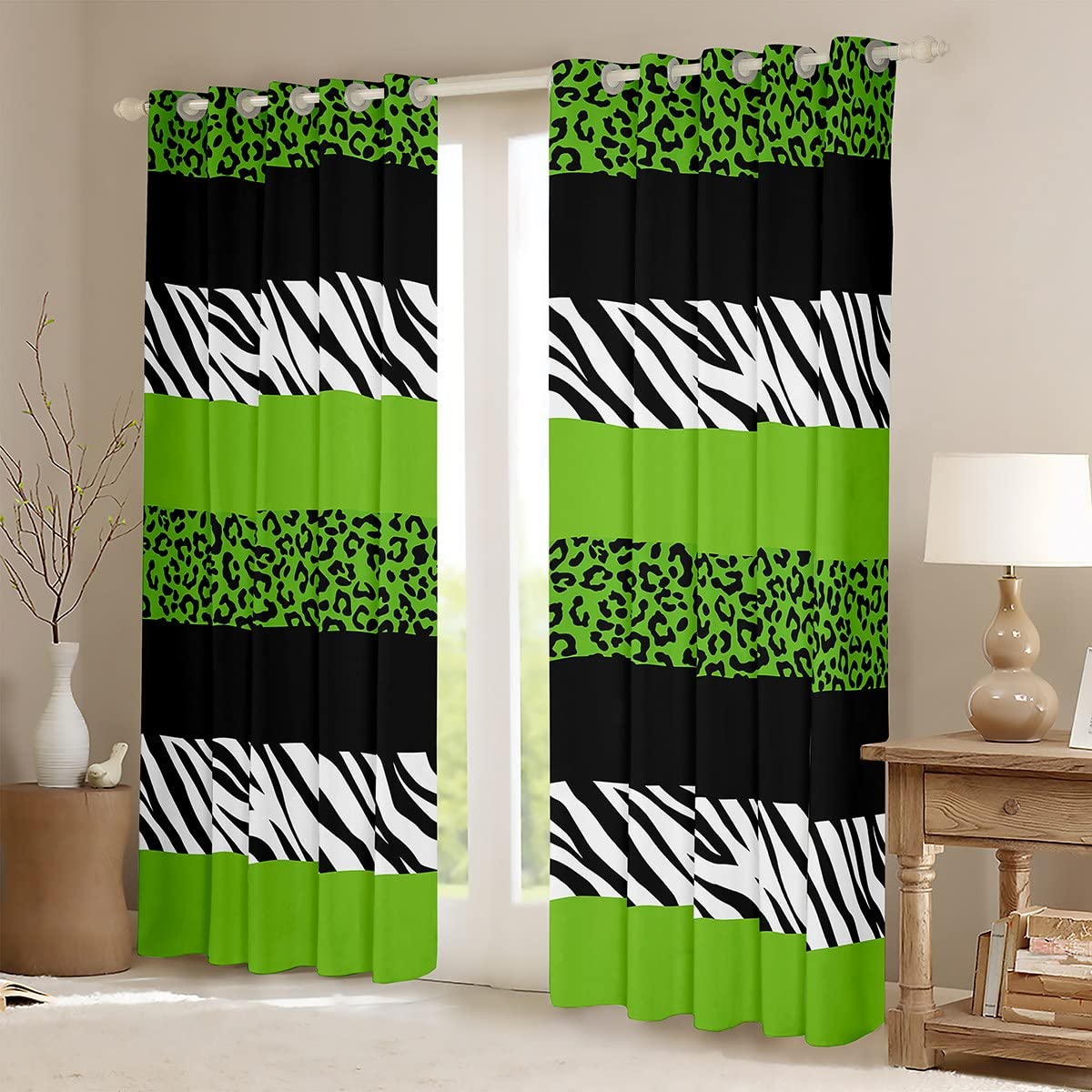 Homewish Leopard Print Kids Window Curtains,Zebra Skin Stripes Patchwork Window Drapes for Girls Boys Adults,Abstract Animals Skin Green Stylish Window Treatments Grommet Top 2 Panel Set,52Wx84L inch